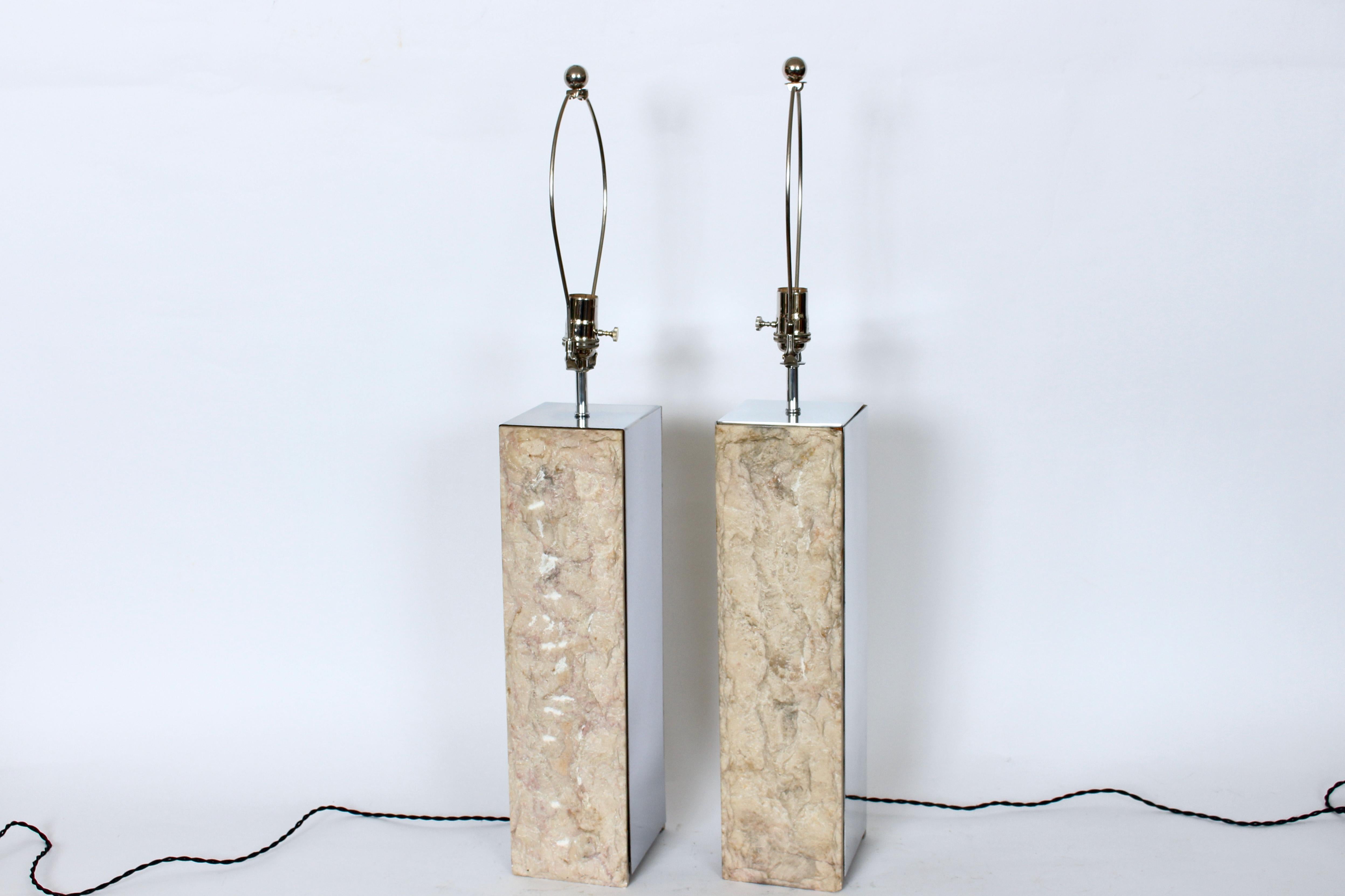 Substantial Pair Italian Natural Cut Marble & Mirrored Metal Table Lamps For Sale 1