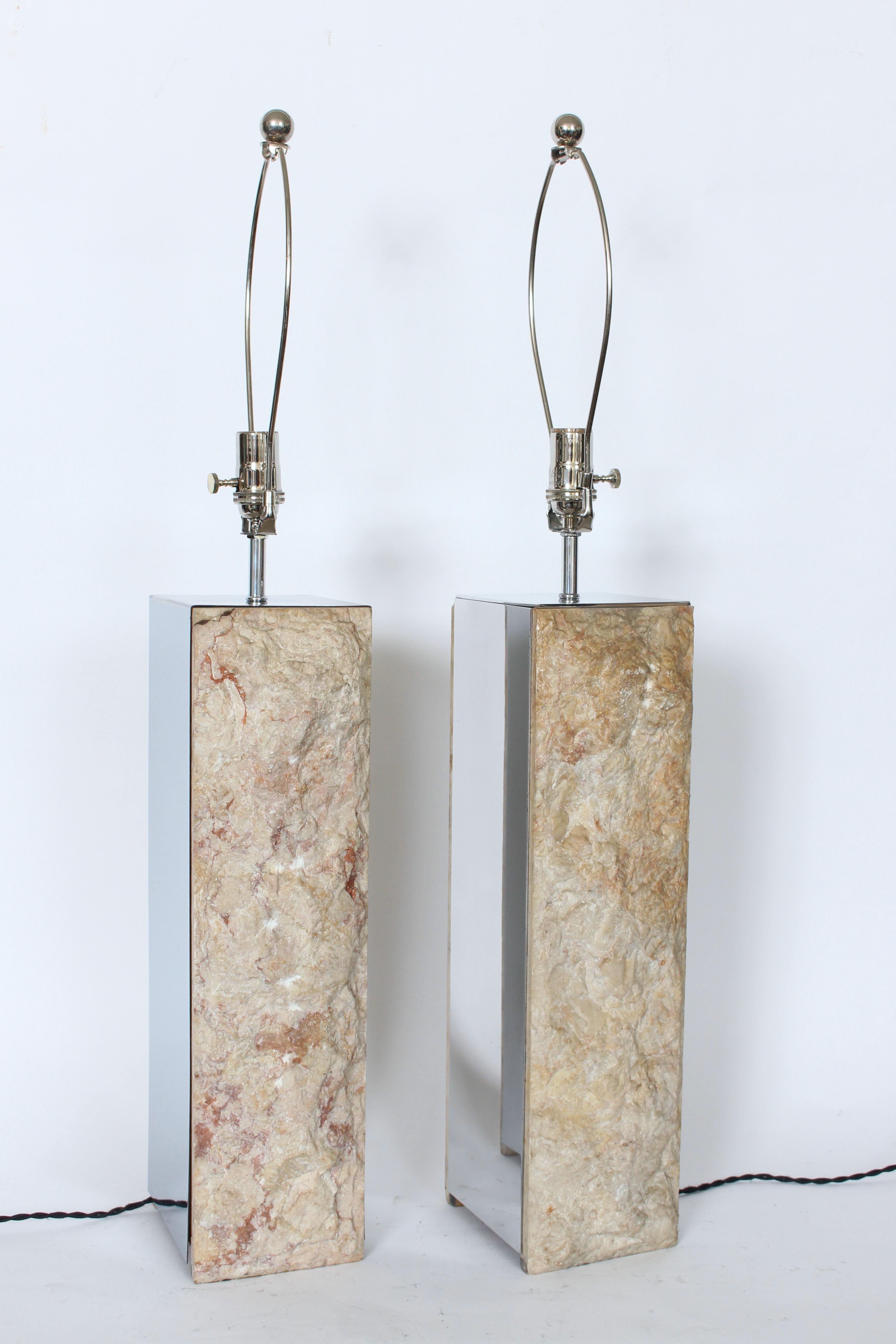 Substantial Pair Italian Natural Cut Marble & Mirrored Metal Table Lamps For Sale 2