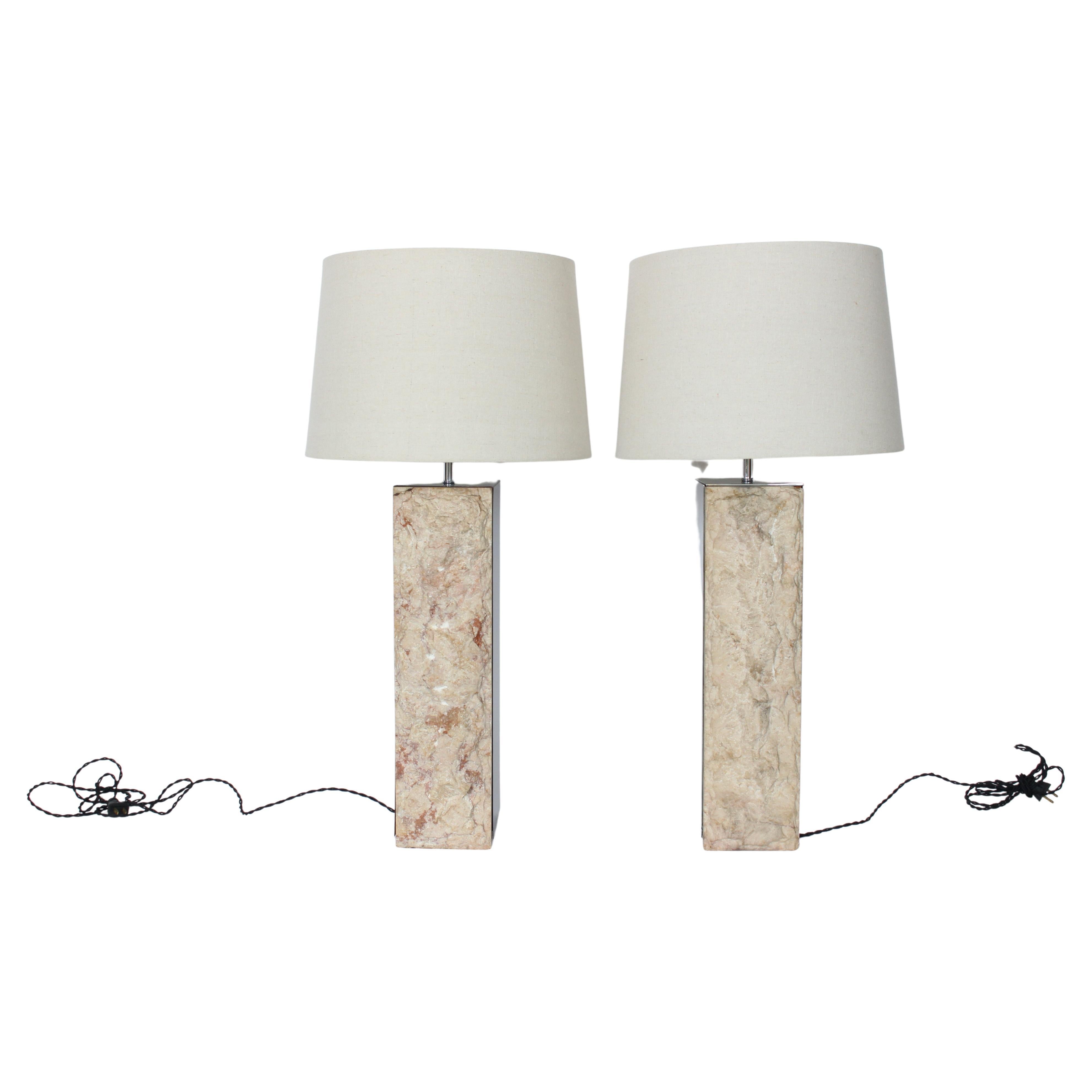 Pair of Laurel Lamp Co. attributed Rough Cut Marble & Polished Aluminum Table Lamps. In the spirit Robert Smithson.  Featuring two, two sided panels, with two in Cream, Beige, Taupe with hints of Pink Italian Marble and two reflective (18.5H x 5D)