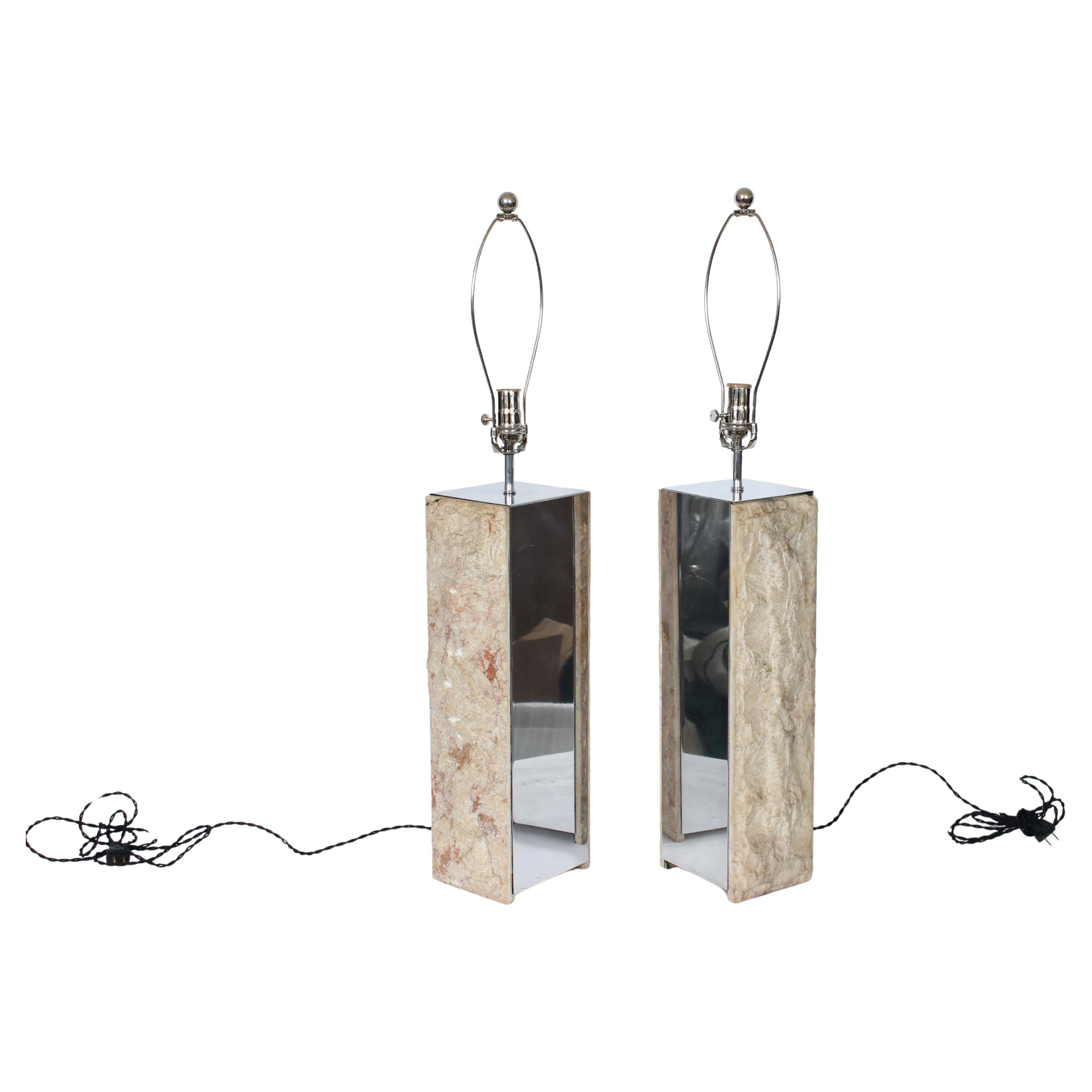 Pair of Laurel Lamp Co. attributed Rough Cut Marble & Polished Aluminum Table Lamps. In the spirit Robert Smithson.  Featuring two, two sided panels, with two in Cream, Beige, Taupe with hints of Pink Italian Marble and two reflective (18.5H x 5D)