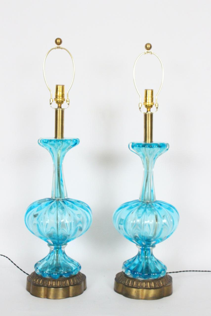 Substantial Pair of Turquoise Murano Glass Table Lamps, 1950s 5
