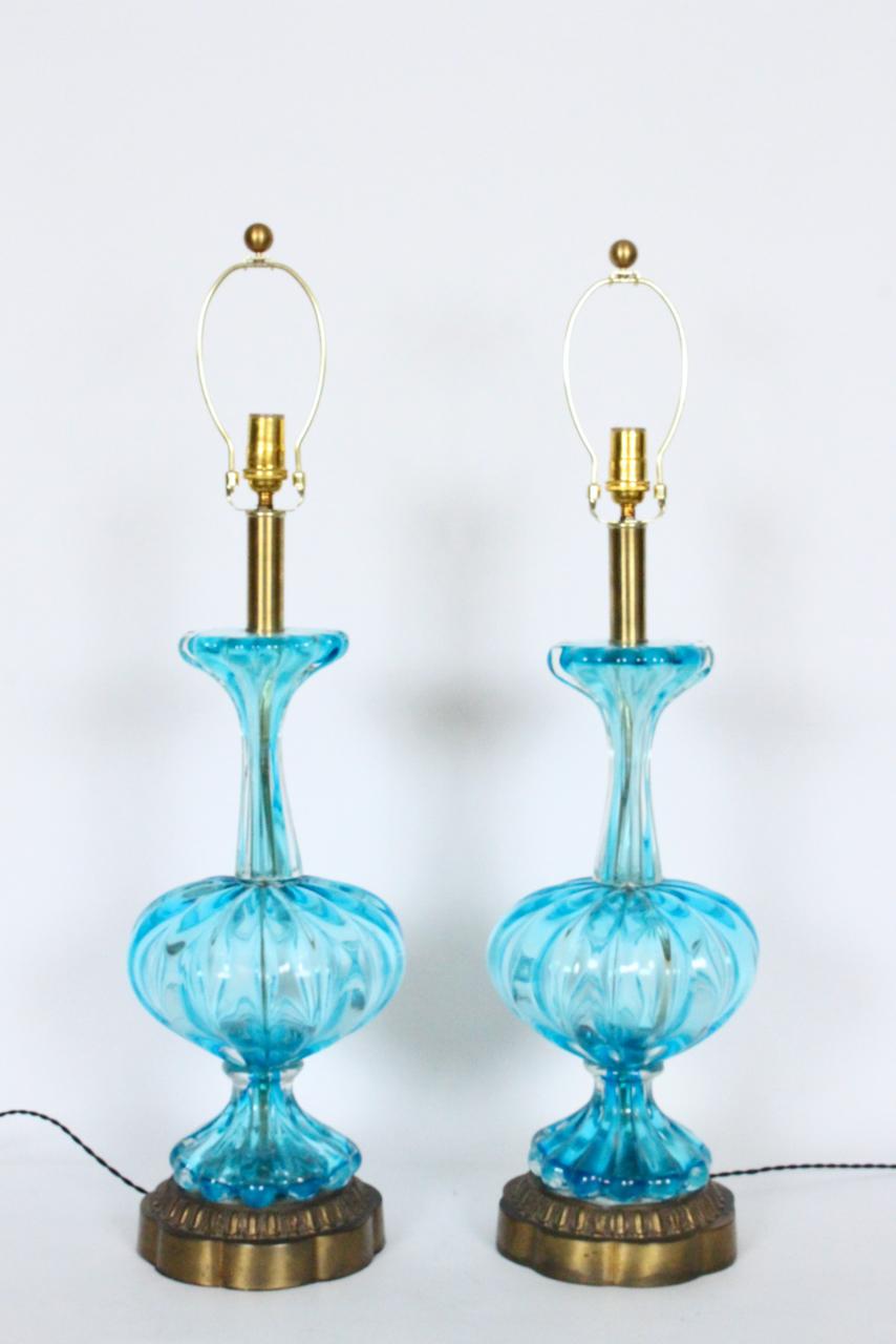 Substantial Pair of Turquoise Murano Glass Table Lamps, 1950s 8