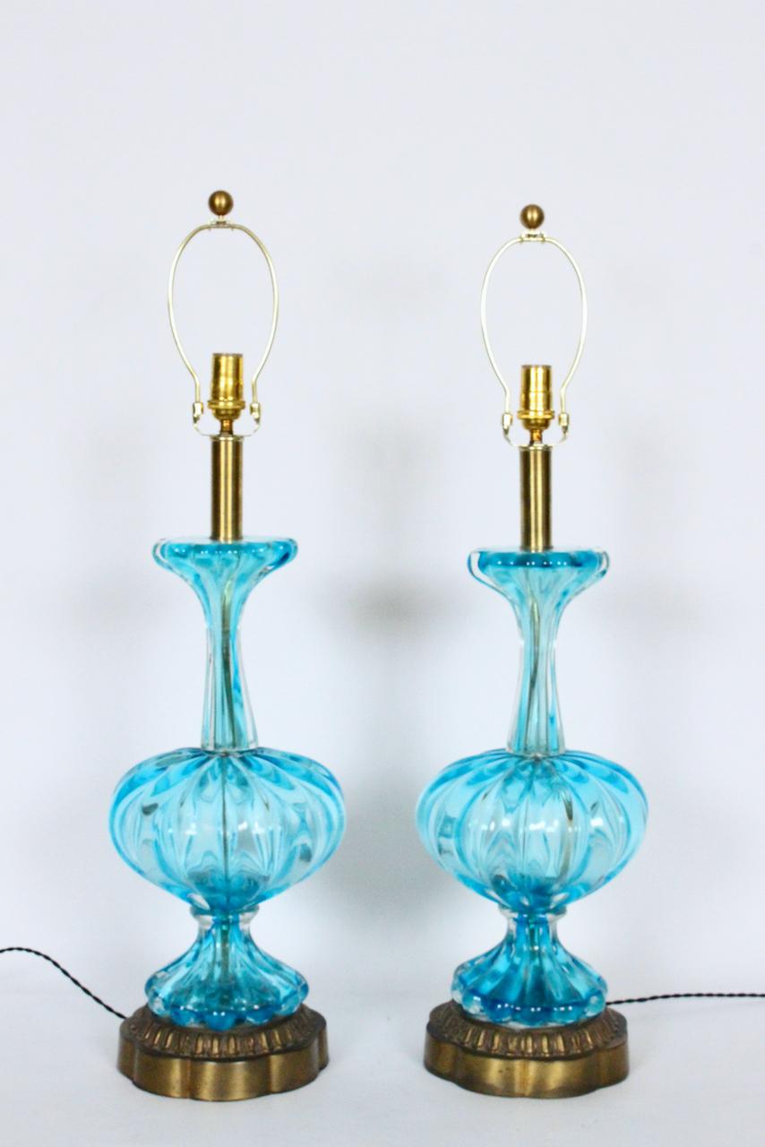 Hollywood Regency Substantial Pair of Turquoise Murano Glass Table Lamps, 1950s