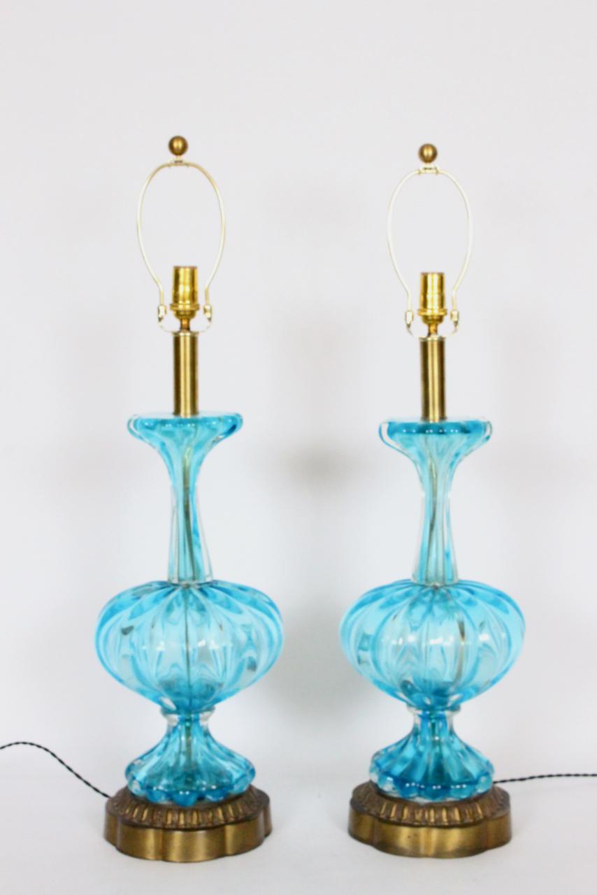 Italian Substantial Pair of Turquoise Murano Glass Table Lamps, 1950s