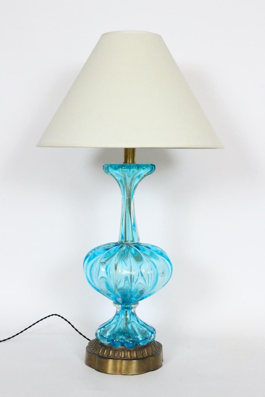 Plated Substantial Pair of Turquoise Murano Glass Table Lamps, 1950s