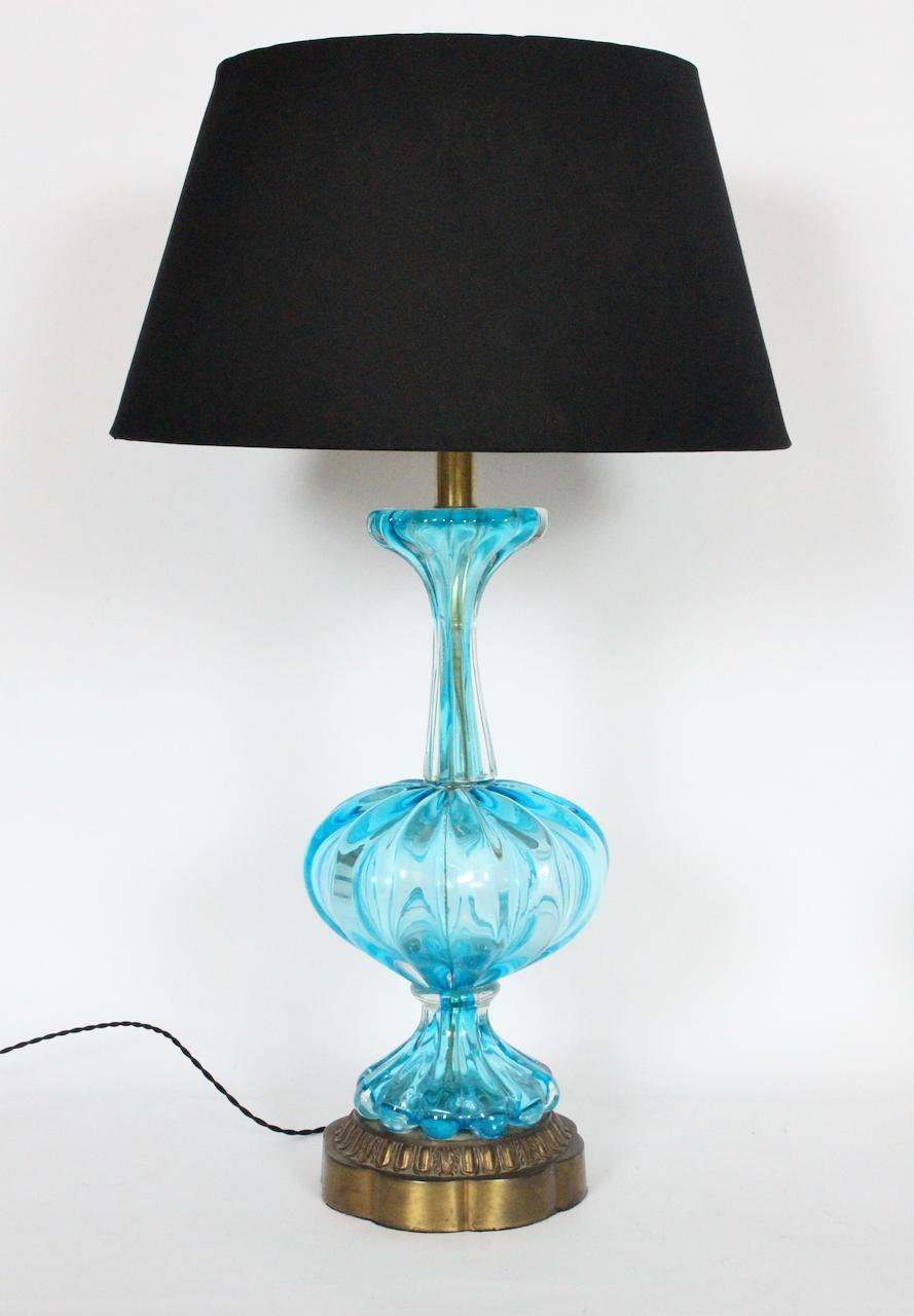 Substantial Pair of Turquoise Murano Glass Table Lamps, 1950s In Good Condition In Bainbridge, NY