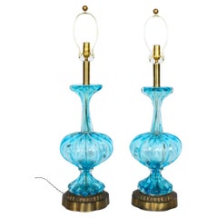 Substantial Pair of Turquoise Murano Glass Table Lamps, 1950s