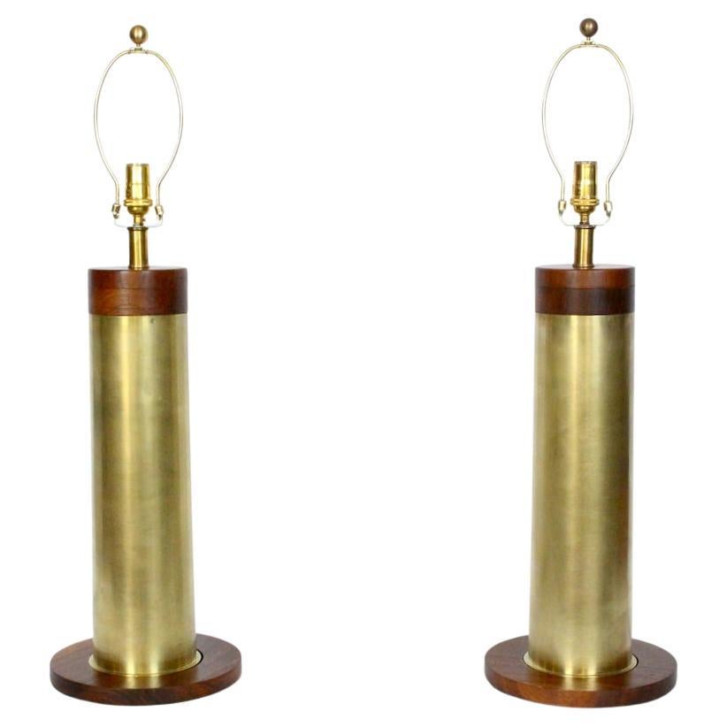 Substantial Pair Walter Von Nessen Style Brass & Walnut "Trench Art" Table Lamps For Sale