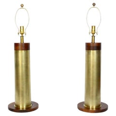 Substantial Pair Walter Von Nessen Style Brass & Walnut "Trench Art" Table Lamps