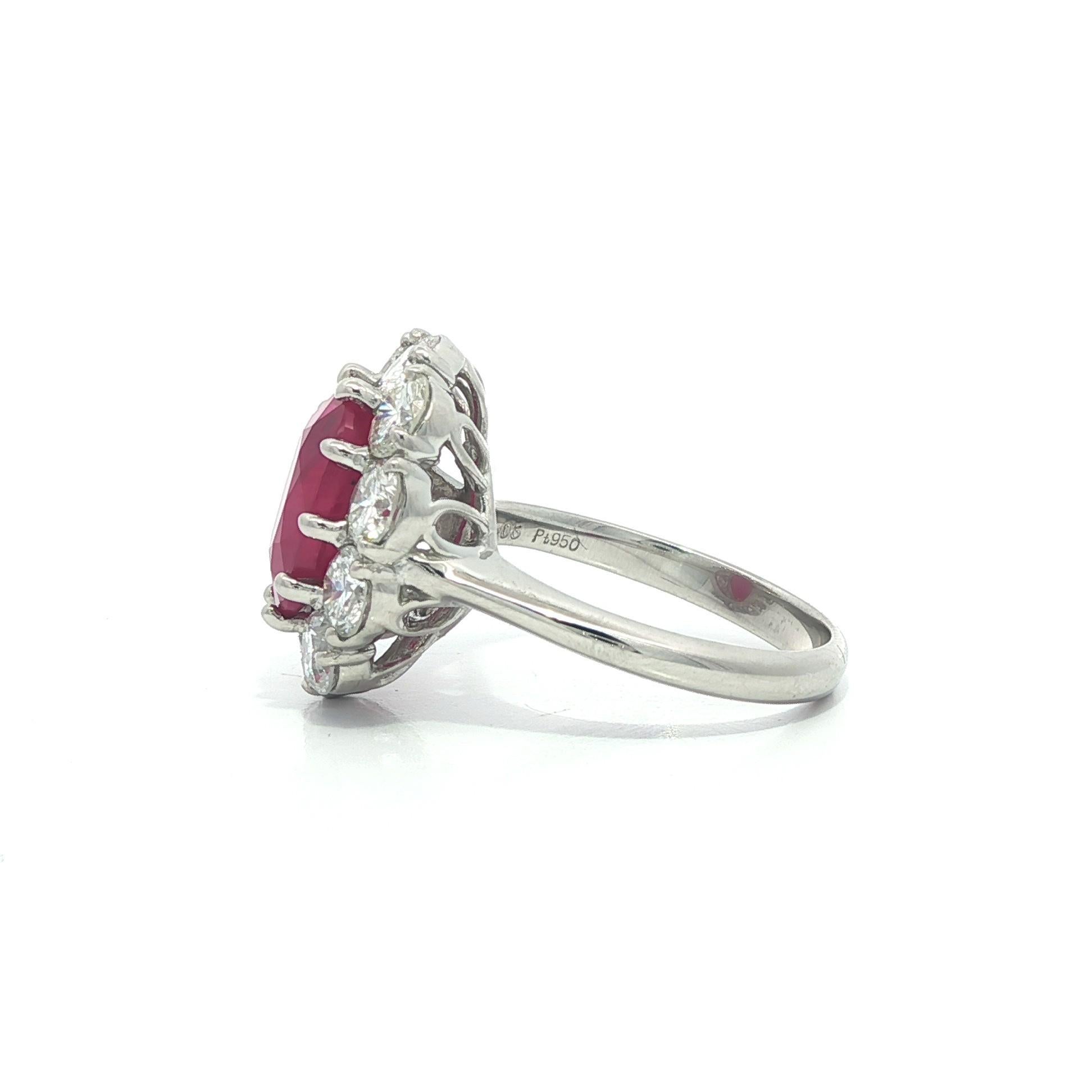 Substantial Platinum 6.45ctw GIA Large Oval Burma Ruby w/ Diamond Halo Ring In condizioni buone in vendita a Montclair, NJ