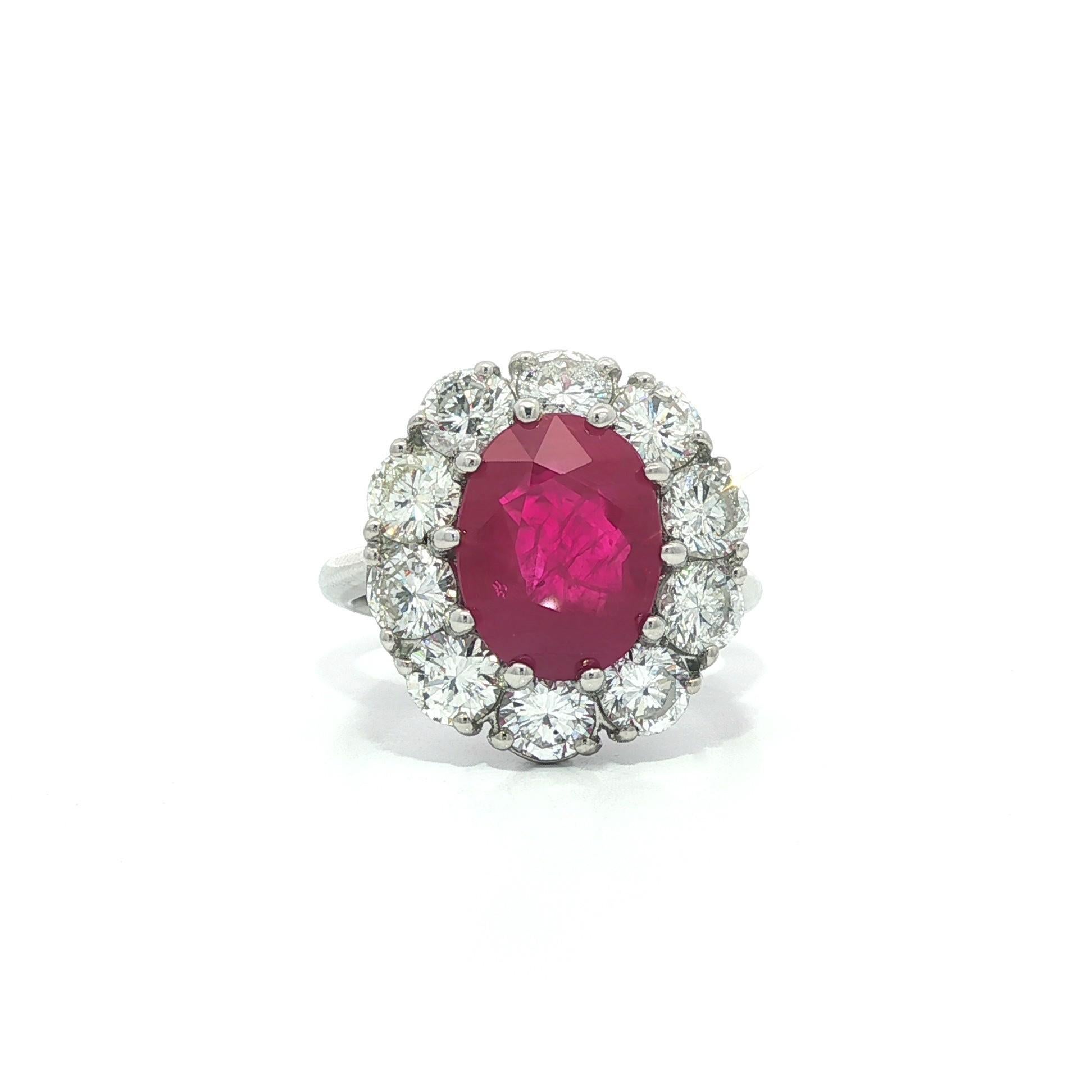 Substantial Platinum 6.45ctw GIA Large Oval Burma Ruby w/ Diamond Halo Ring in vendita 1