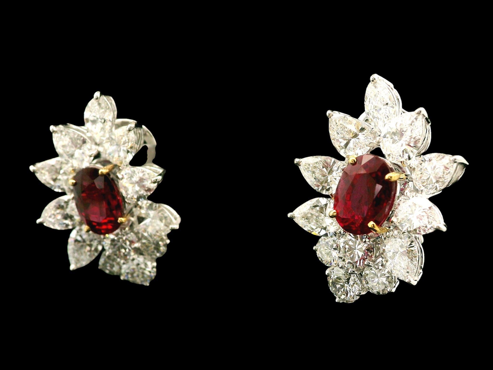 Oval Cut Substantial Platinum Gold GIA 12.92ctw Vivid Red Ruby & Diamond Spray Earrings For Sale