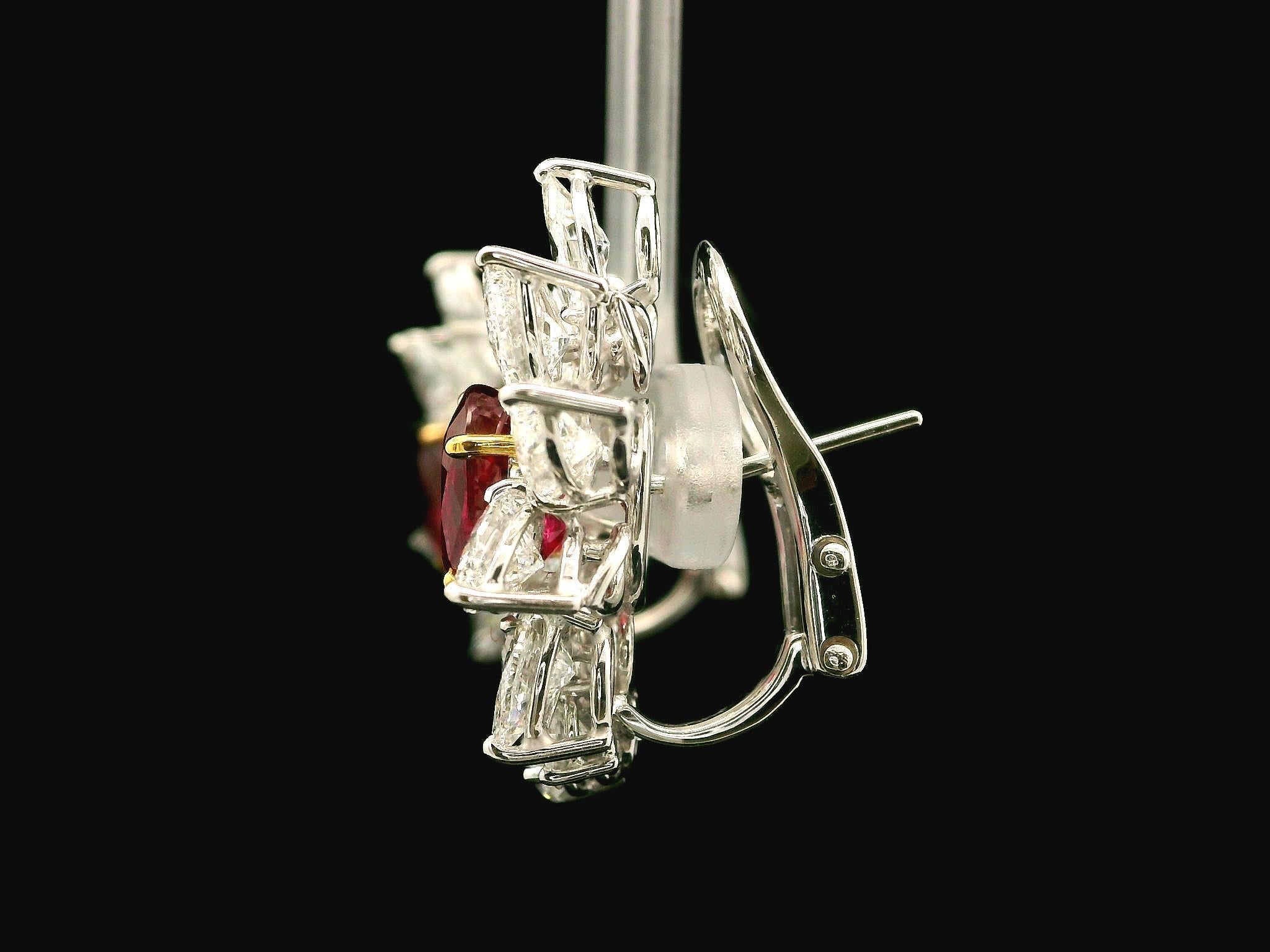 Substantial Platinum Gold GIA 12.92ctw Vivid Red Ruby & Diamond Spray Earrings In Excellent Condition For Sale In Montclair, NJ