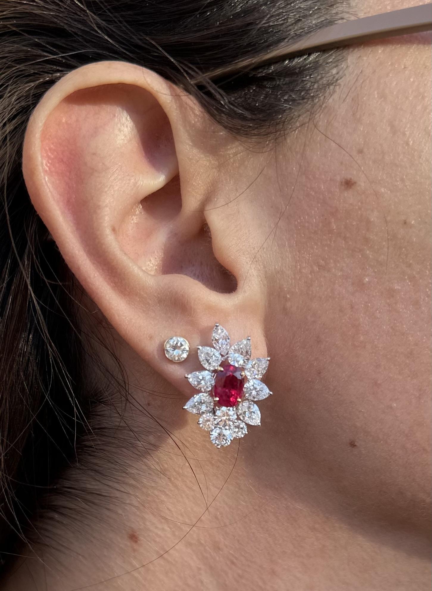 Women's Substantial Platinum Gold GIA 12.92ctw Vivid Red Ruby & Diamond Spray Earrings For Sale