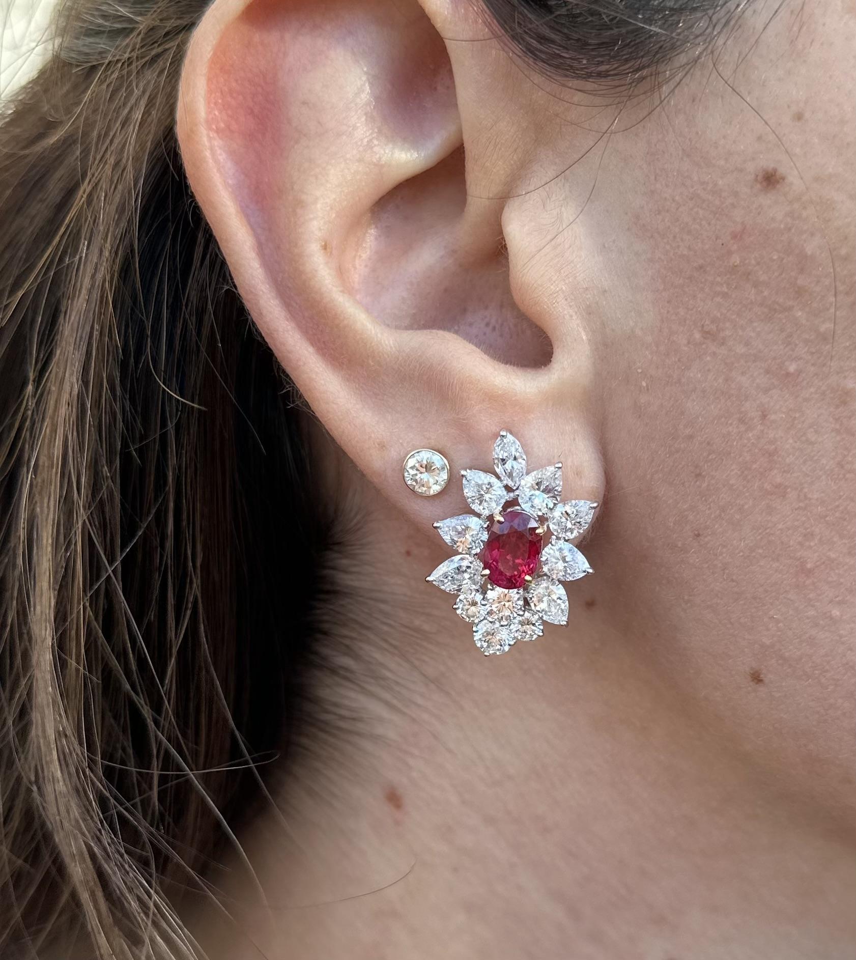 Substantial Platinum Gold GIA 12.92ctw Vivid Red Ruby & Diamond Spray Earrings For Sale 1