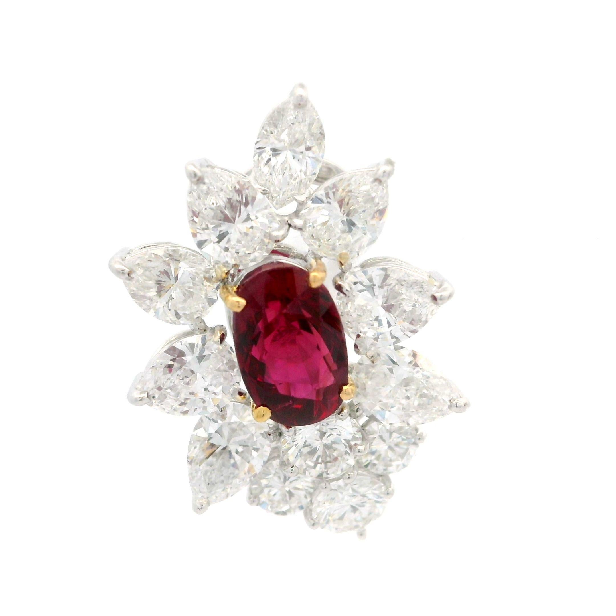 Substantial Platinum Gold GIA 12.92ctw Vivid Red Ruby & Diamond Spray Earrings For Sale 2