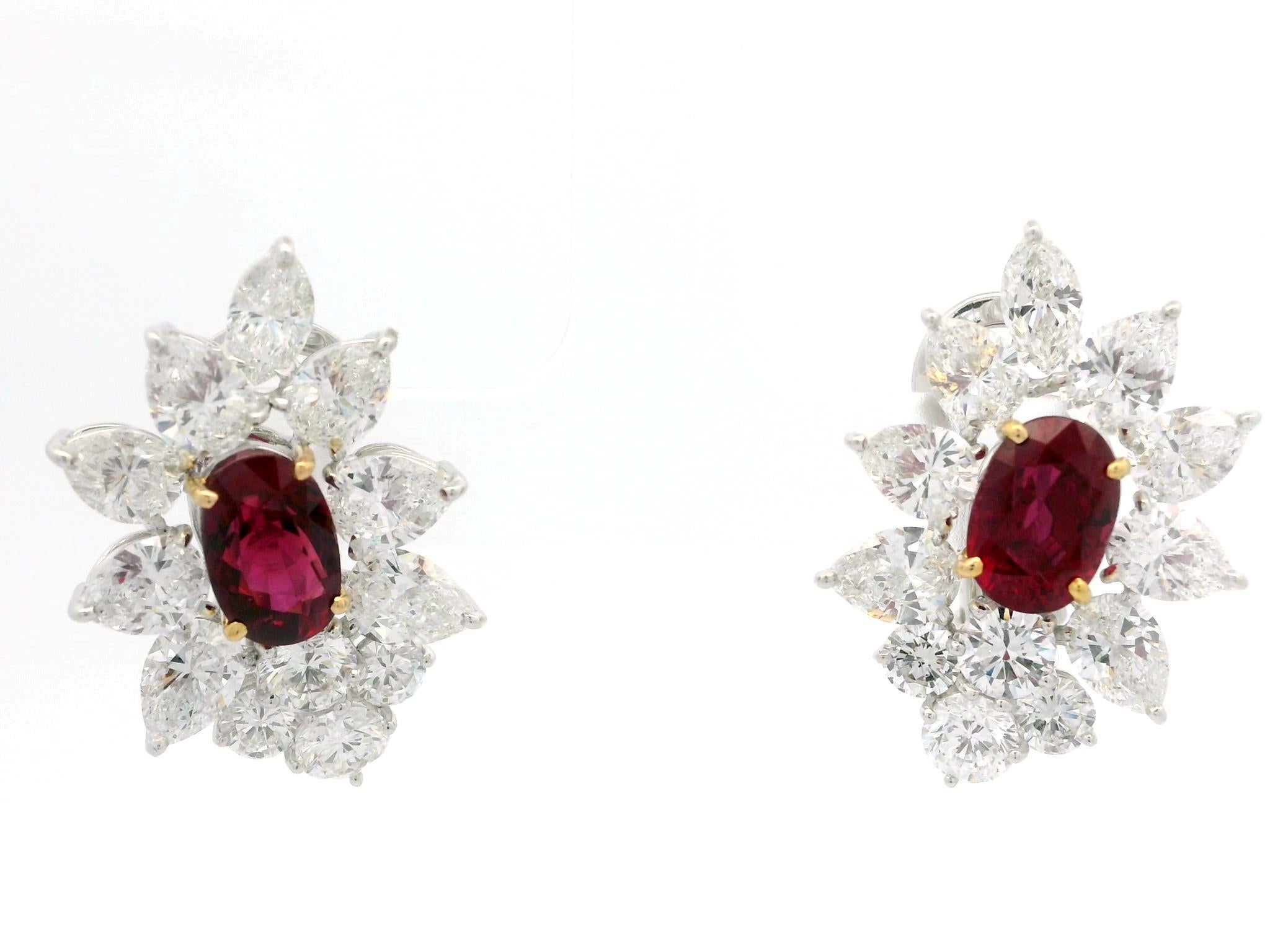 Substantial Platinum Gold GIA 12.92ctw Vivid Red Ruby & Diamond Spray Earrings For Sale 4