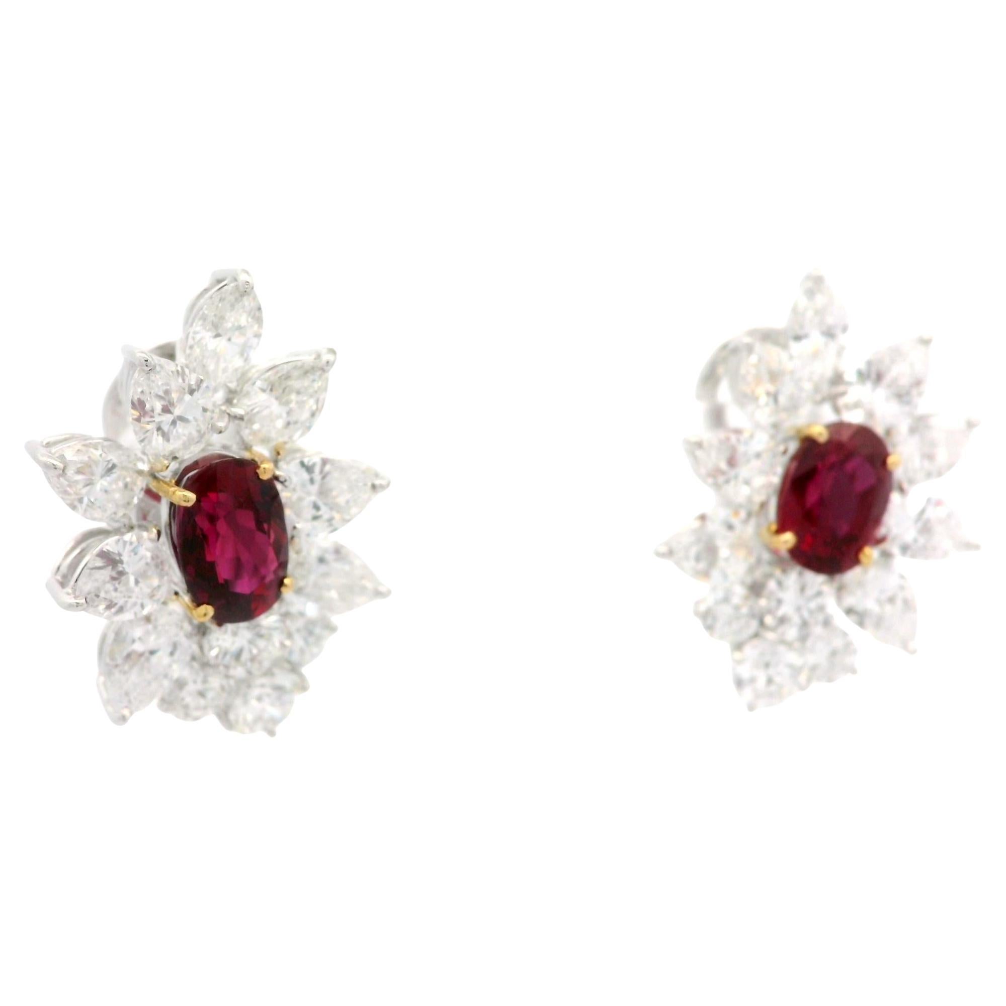 Substantial Platinum Gold GIA 12.92ctw Vivid Red Ruby & Diamond Spray Earrings For Sale