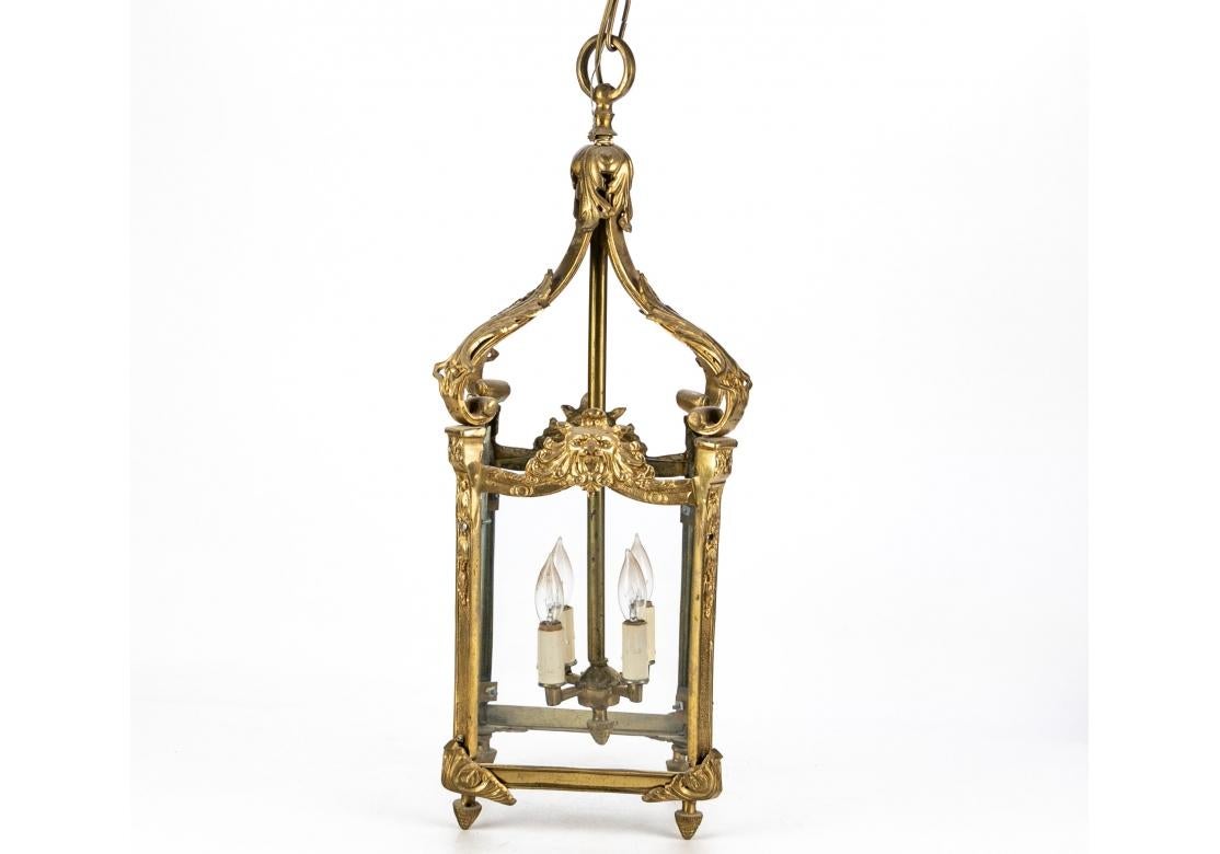 Georgian Substantial Polished Brass 4 Light Etched Glass Lantern For Sale