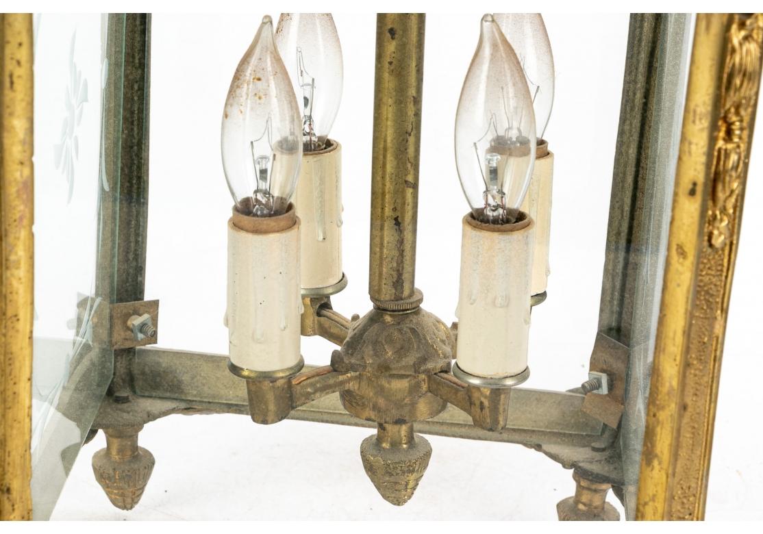Substantial Polished Brass 4 Light Etched Glass Lantern For Sale 1