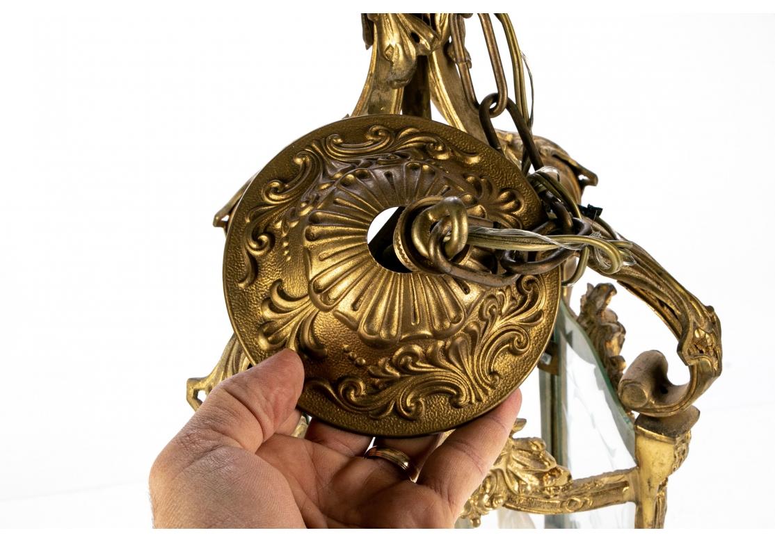 Substantial Polished Brass 4 Light Etched Glass Lantern For Sale 2