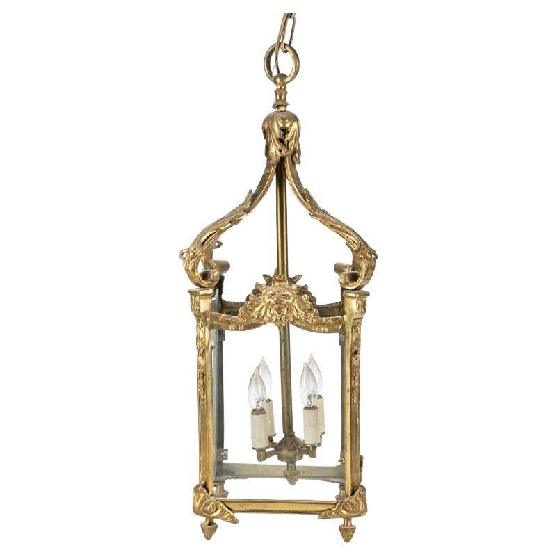 Substantial Polished Brass 4 Light Etched Glass Lantern For Sale