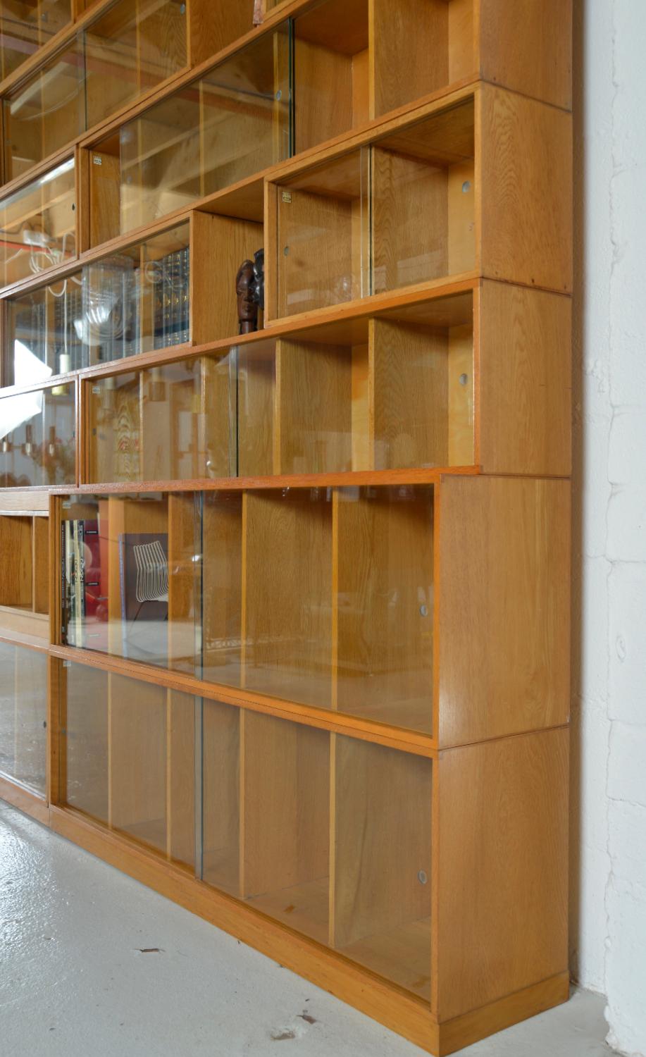 Glass Substantial Post-War Unix Sectional Modular Oak Library Bookcase Shop Fitting For Sale