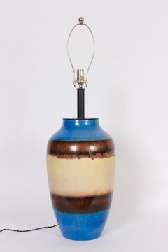 Substantial Raymor Banded Blue, Cream & Copper Glazed Ceramic Oil Jar Table Lamp