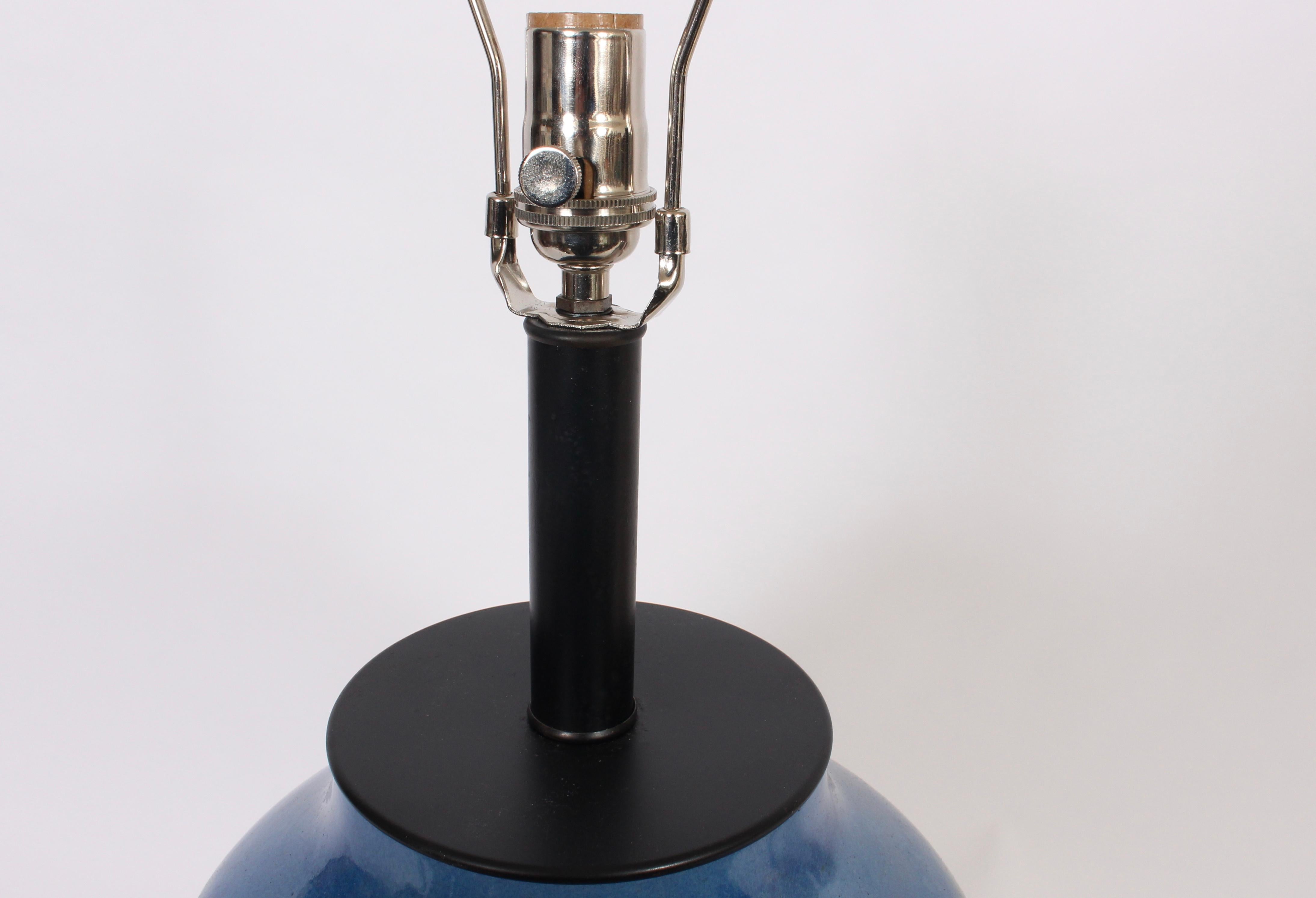 Italian Substantial Raymor Blue, Cream & Copper Banded Glazed Ceramic Oil Jar Table Lamp For Sale