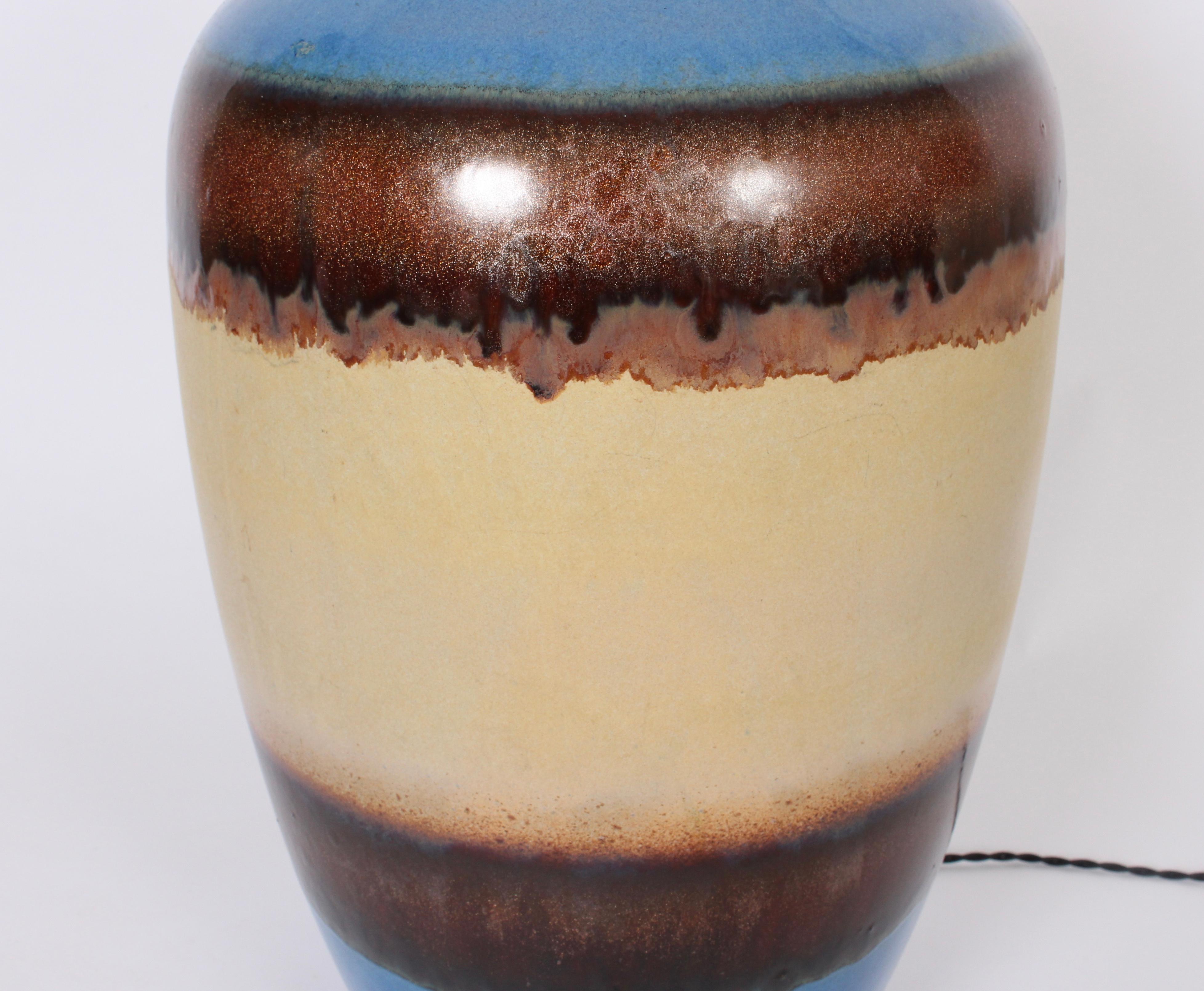 20th Century Substantial Raymor Blue, Cream & Copper Banded Glazed Ceramic Oil Jar Table Lamp For Sale