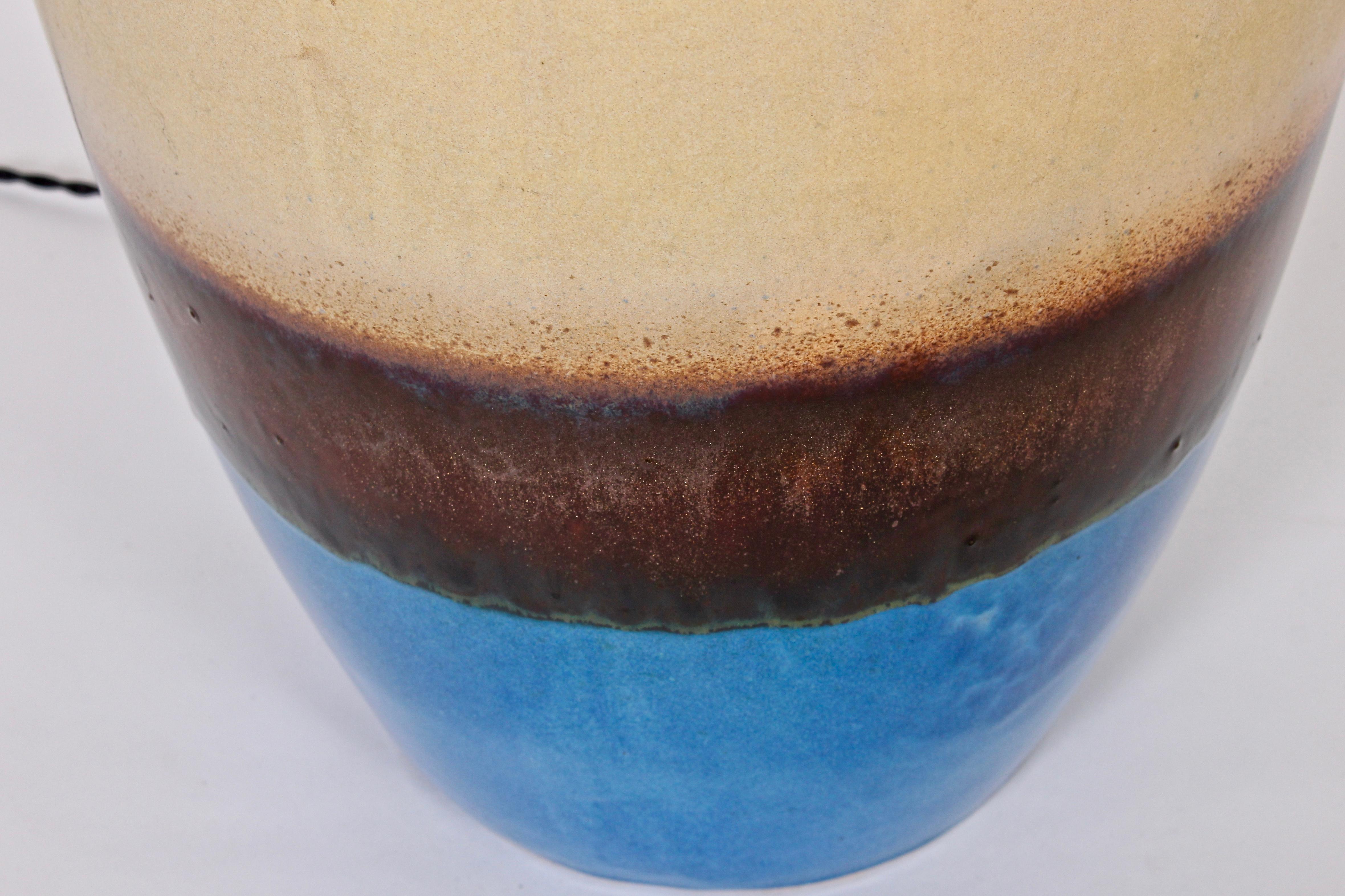 Substantial Raymor Blue, Cream & Copper Banded Glazed Ceramic Oil Jar Table Lamp For Sale 1