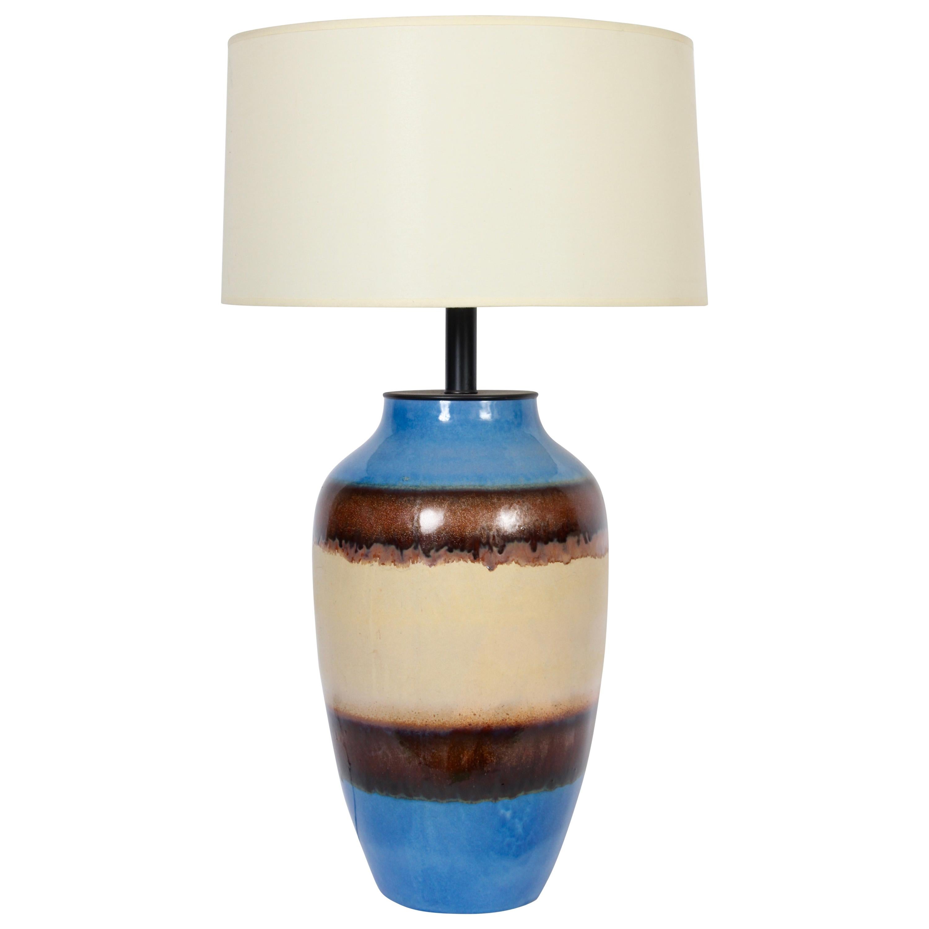 Substantial Raymor Blue, Cream & Copper Banded Glazed Ceramic Oil Jar Table Lamp For Sale