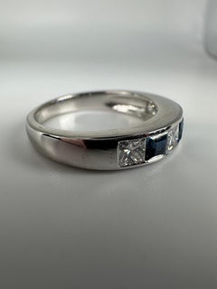 Substantial Sapphire and Diamond Wedding Band Princess Cut Stacking Ring 18kt