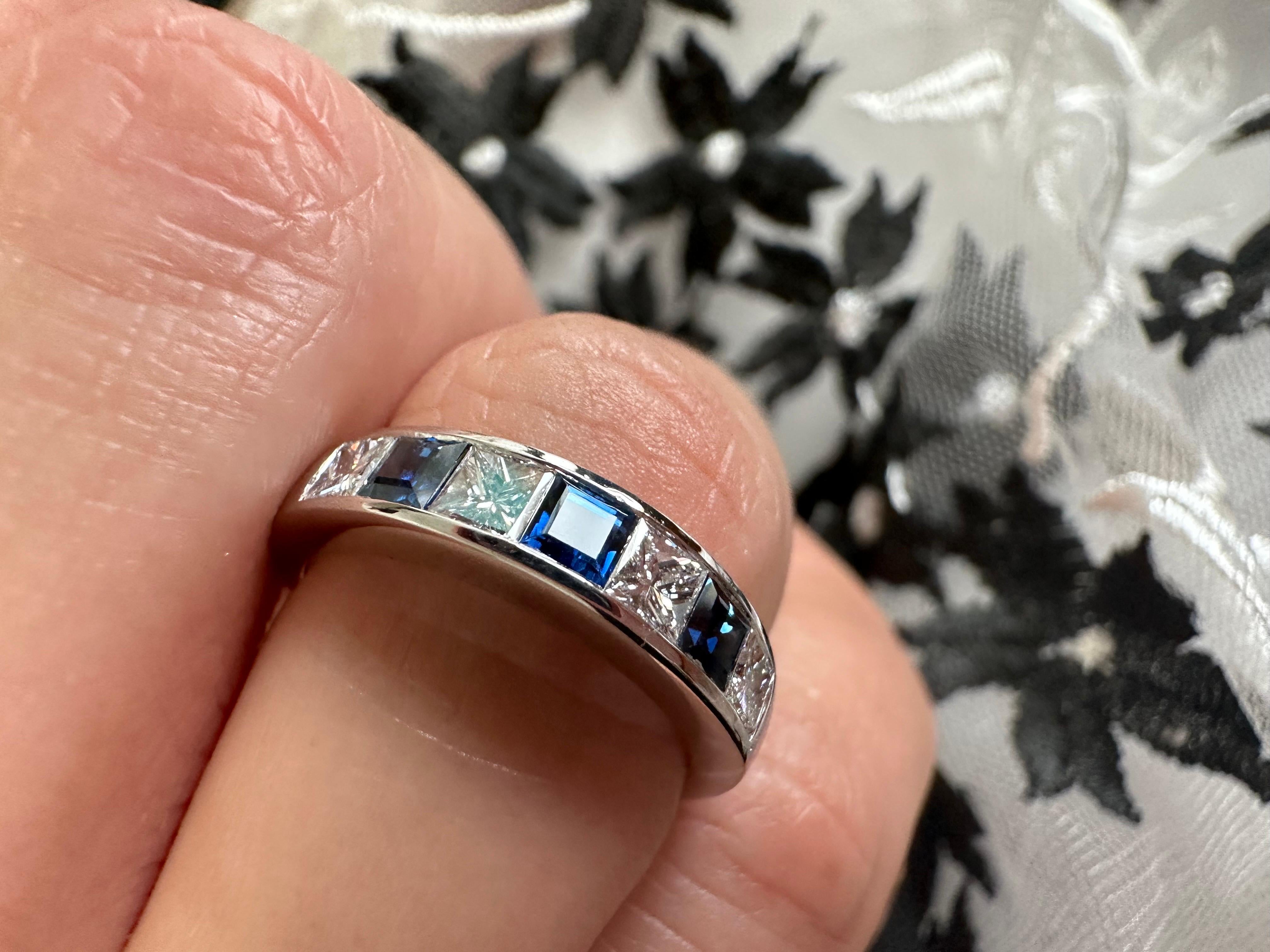 Substantial Sapphire and Diamond Wedding Band Princess Cut Stacking Ring 18kt  In New Condition For Sale In Jupiter, FL