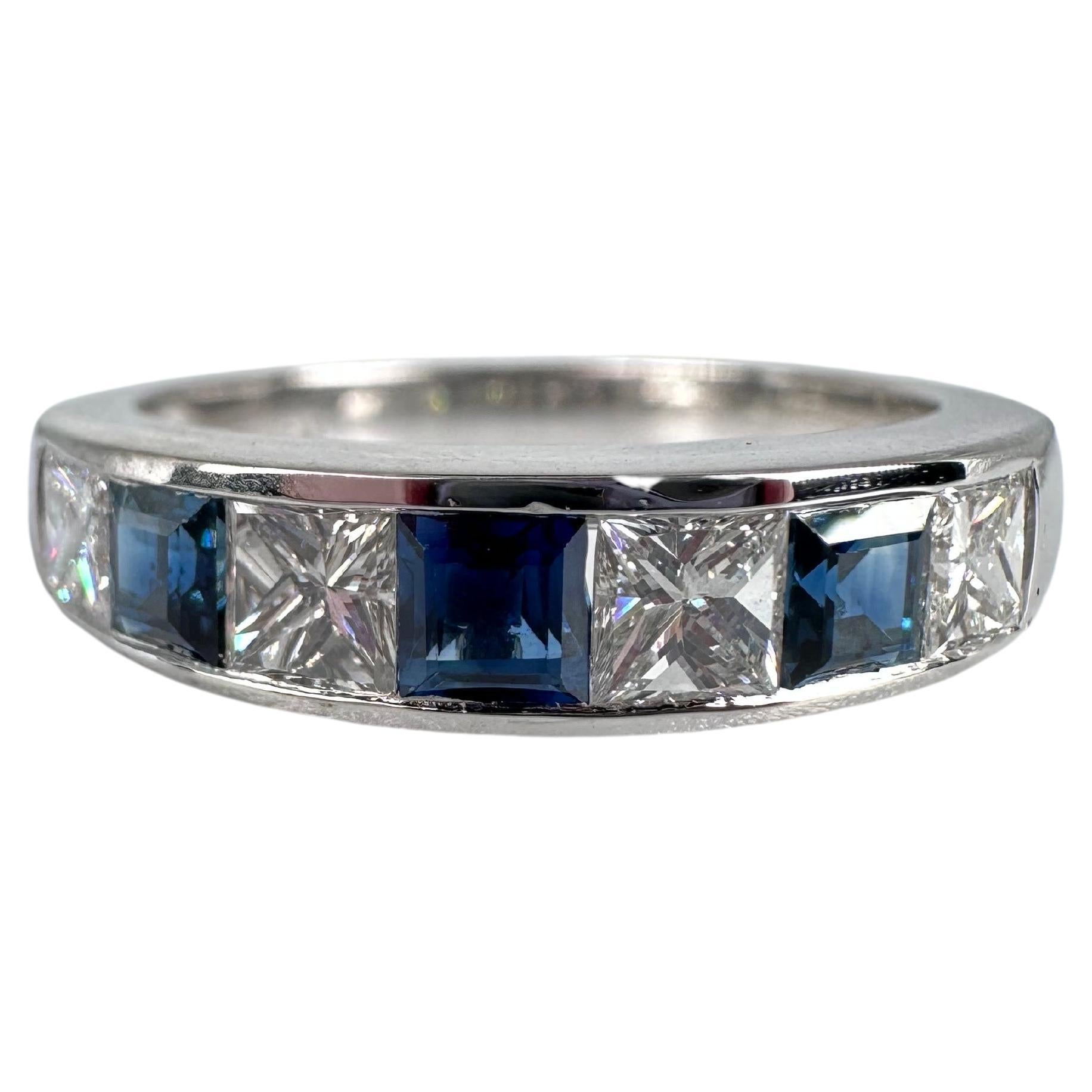 Substantial Sapphire and Diamond Wedding Band Princess Cut Stacking Ring 18kt 