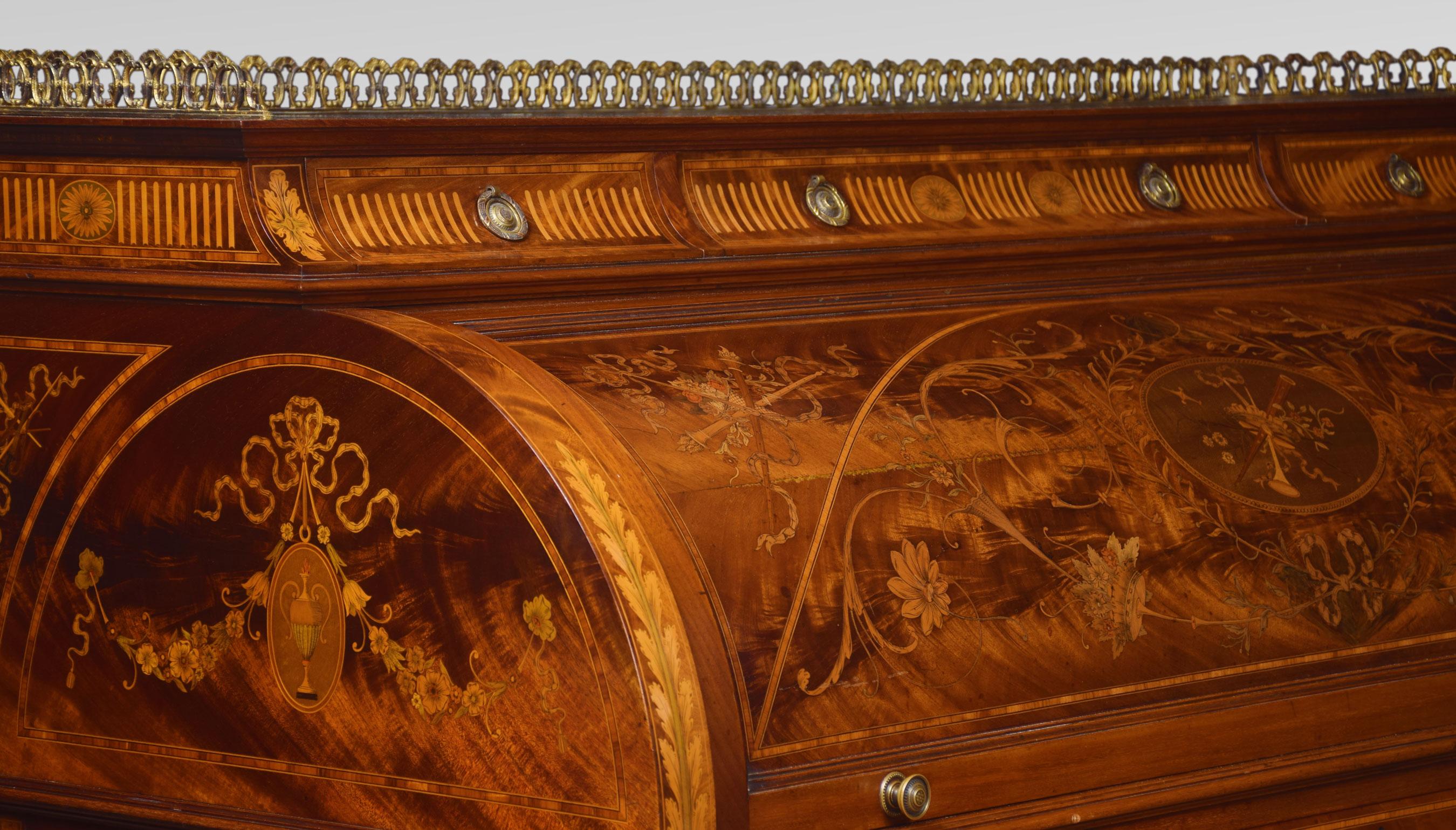Substantial Sheraton Revival Marquetry Inlaid Cylinder Bureau 4