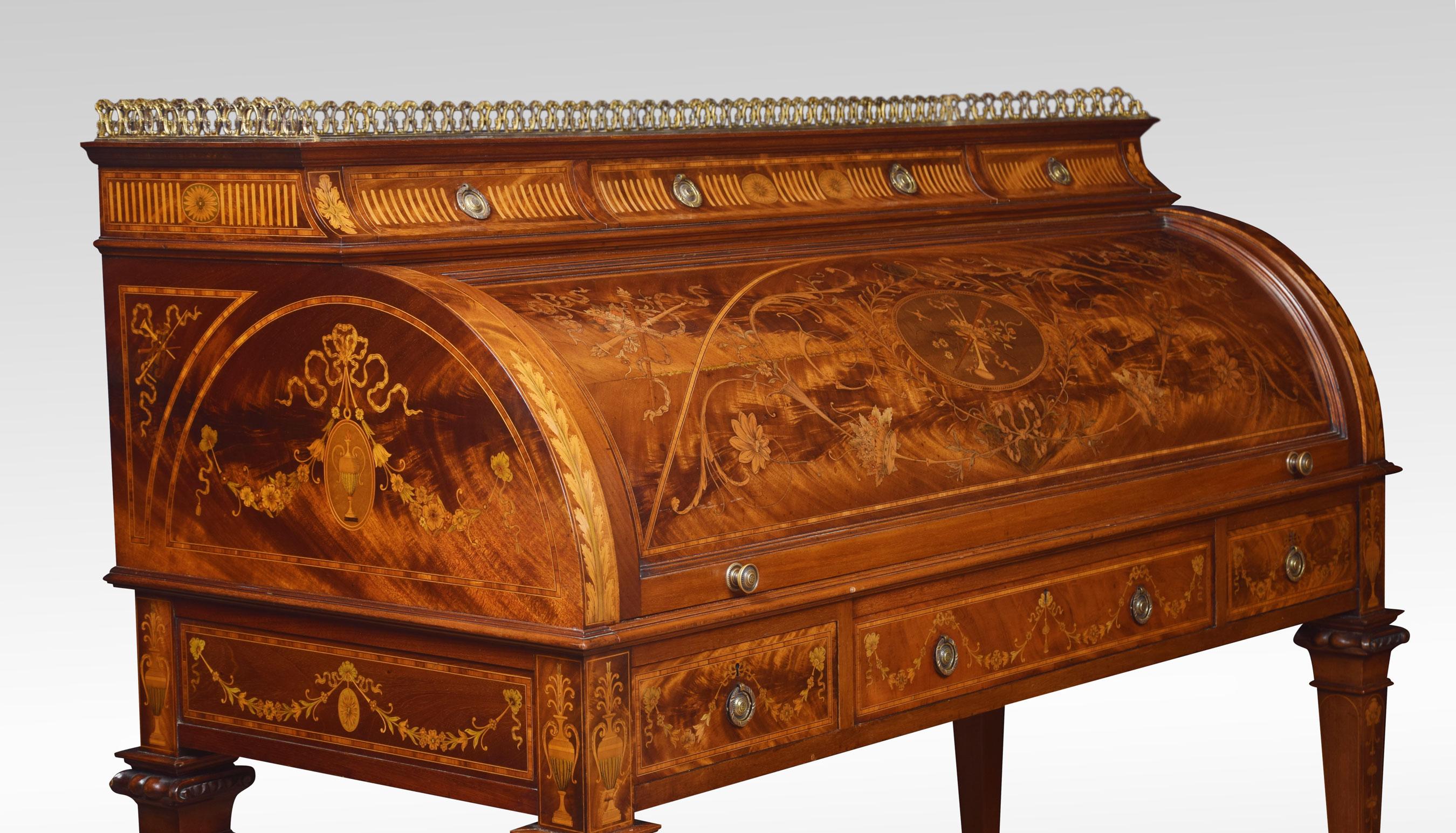 Substantial Sheraton Revival Marquetry Inlaid Cylinder Bureau 5