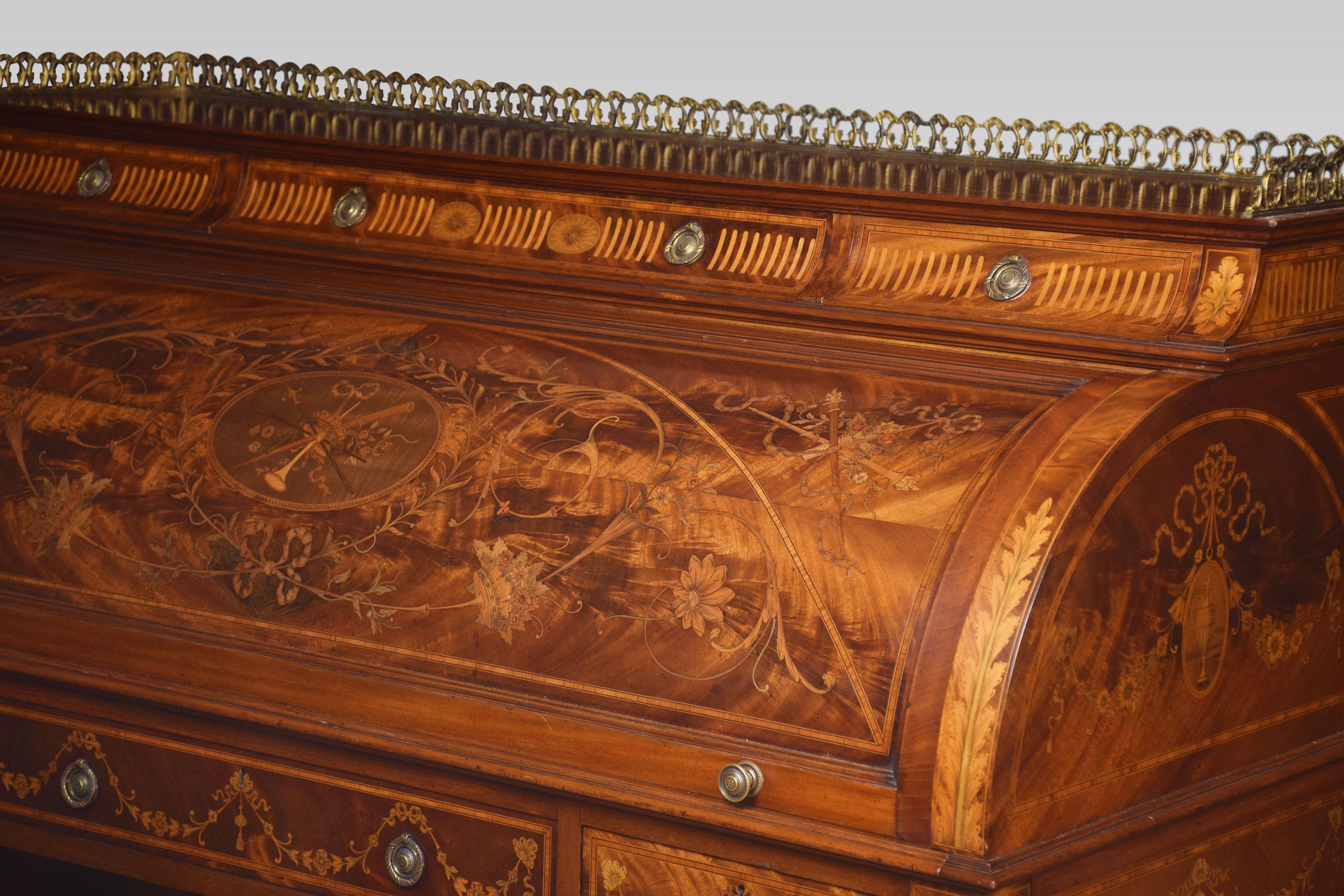 Substantial Sheraton Revival Marquetry Inlaid Cylinder Bureau 13
