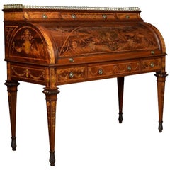Substantial Sheraton Revival Marquetry Inlaid Cylinder Bureau