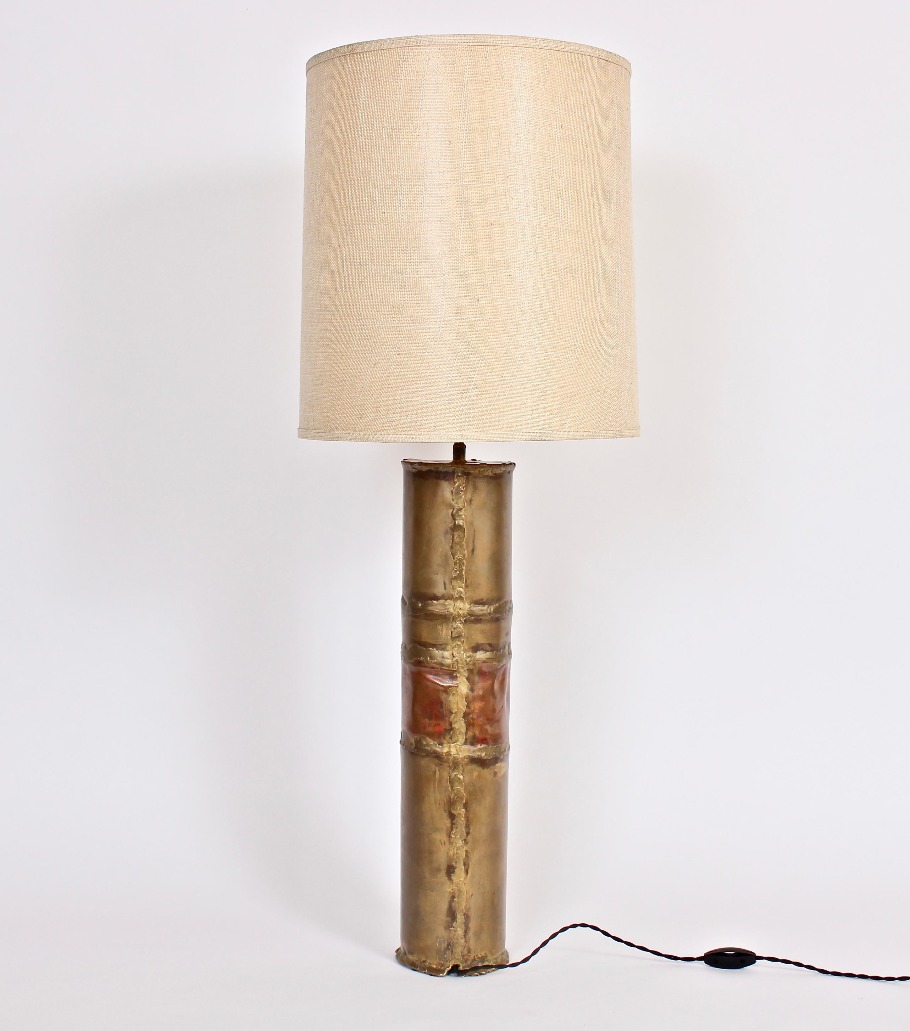 American Substantial Silas Seandel Torched Mixed Metal Brutalist Table Lamp, 1974 For Sale