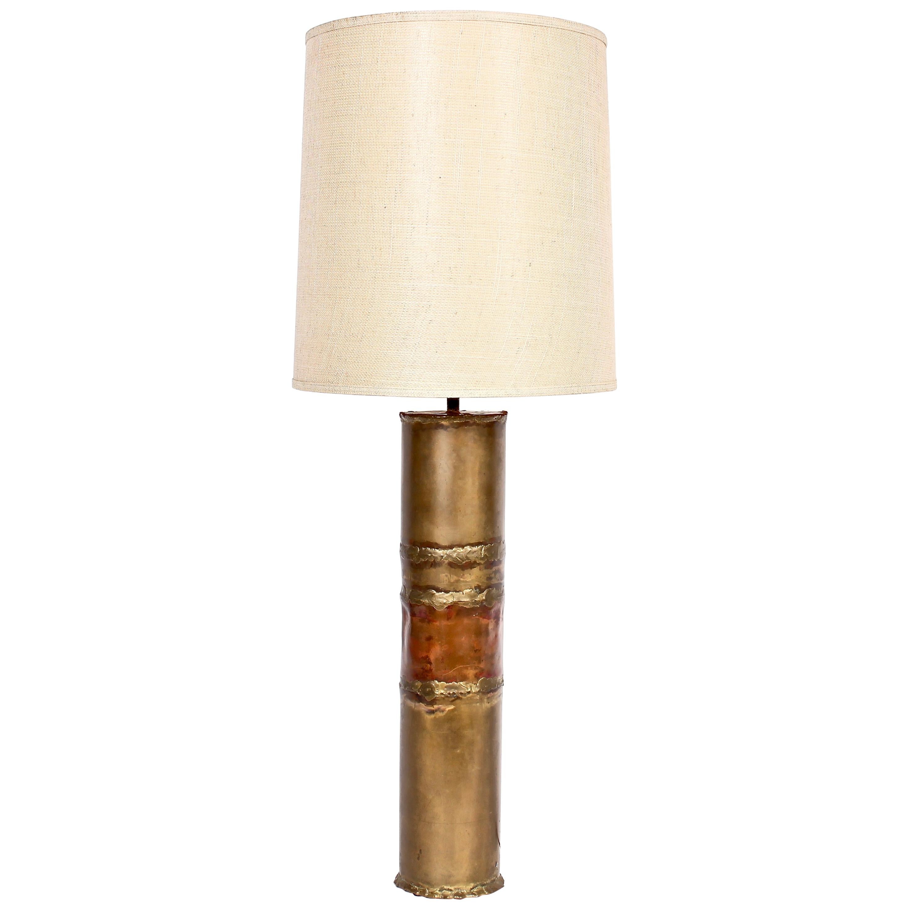 Substantial Silas Seandel Torched Mixed Metal Brutalist Table Lamp, 1974 For Sale