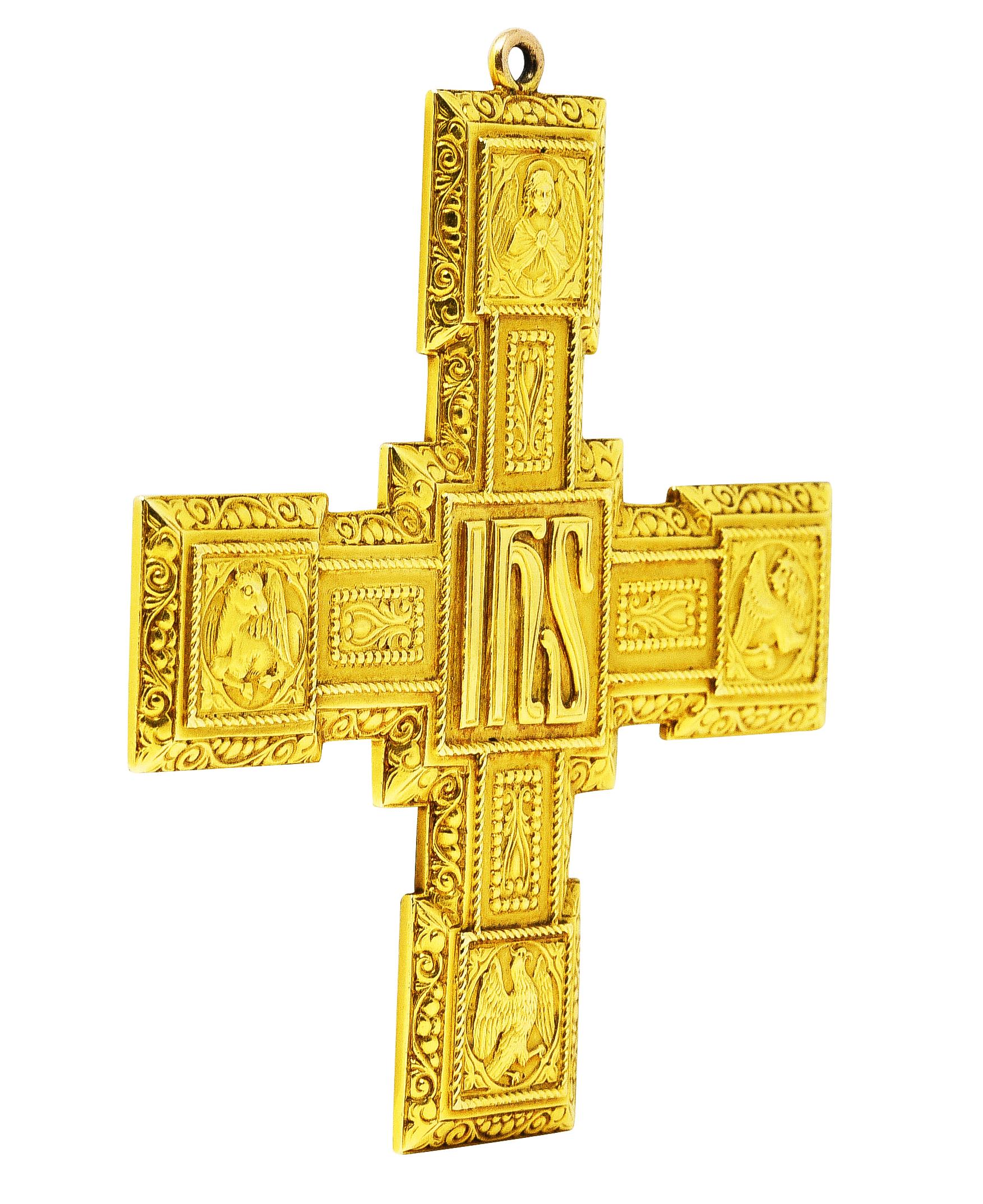 Pendant is designed as a substantial cross form with repoussè pictorial squares throughout. Centering the letters 'IHS' - a Catholic Christogram meaning 'Jesus Christ'. With a winged man, winged ox, winged lion, and an eagle at cardinal points.