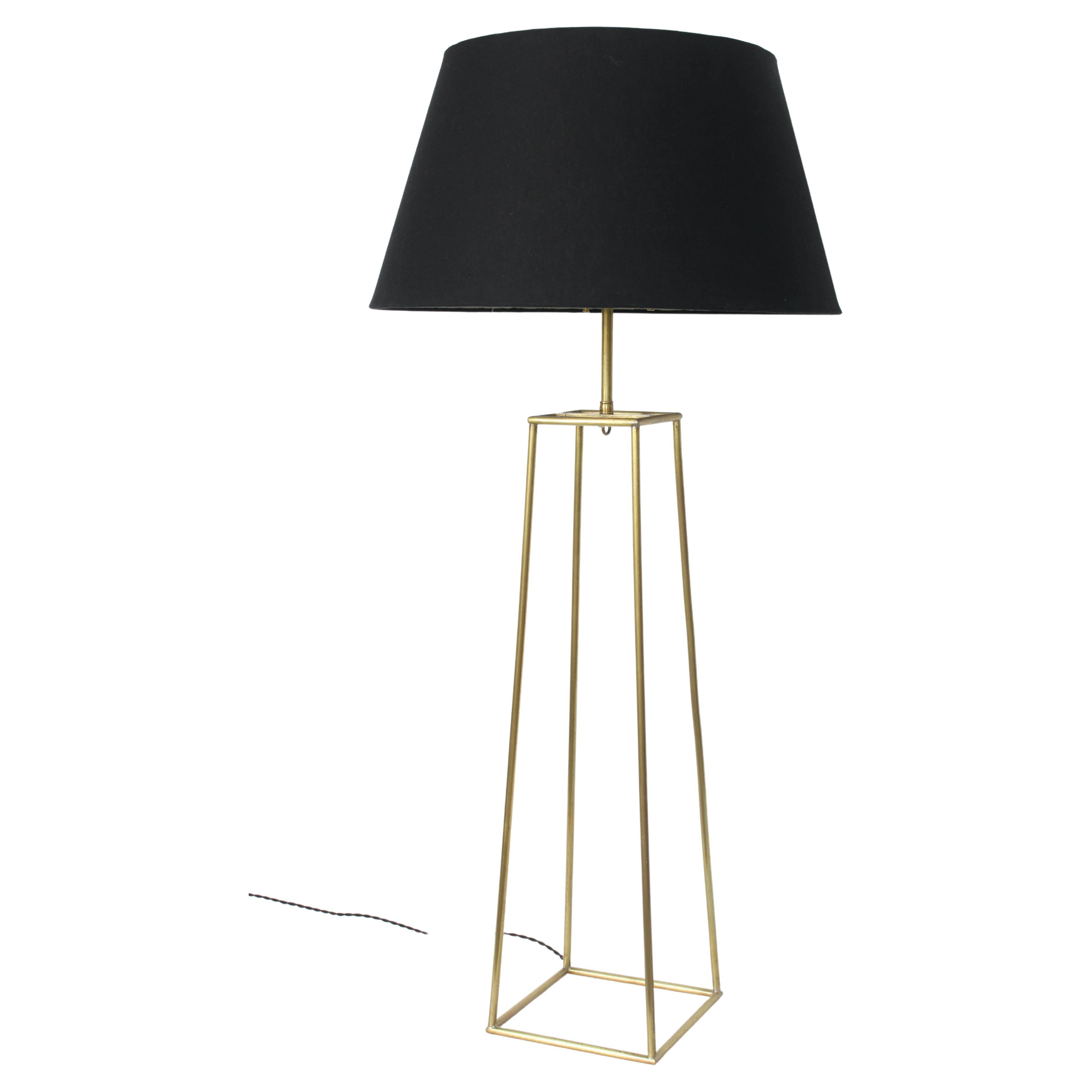 Tall Tommi Parzinger, Harry Lawenda style tapered box form brass lamp. Featuring a large, sturdy, angled four sided open box Brass framework, rewired with black braided cloth cord. Top of box (5W x 5D). Bottom of box (8Wx 8D). Standard double