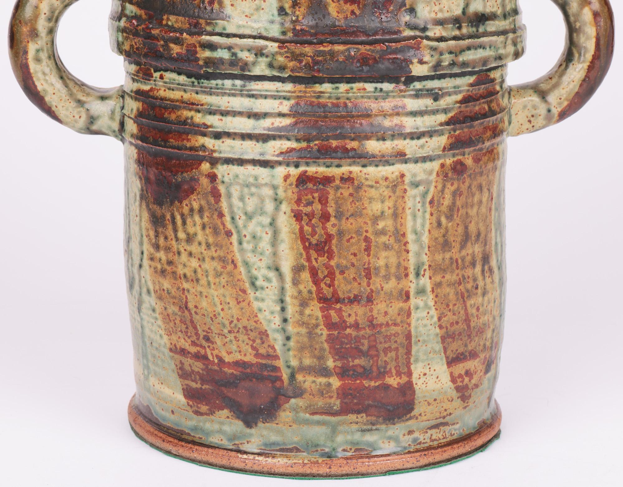 Mid-Century Modern Substantial Twin Handled Streak Glazed Studio Pottery Vase