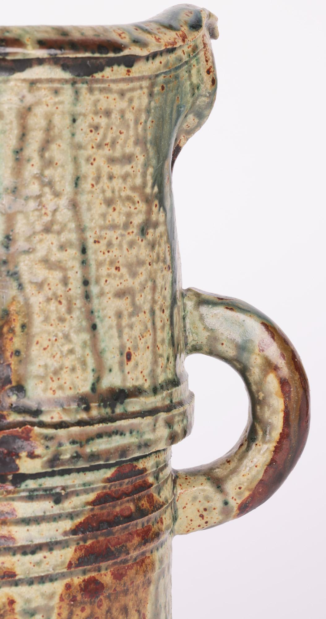 English Substantial Twin Handled Streak Glazed Studio Pottery Vase