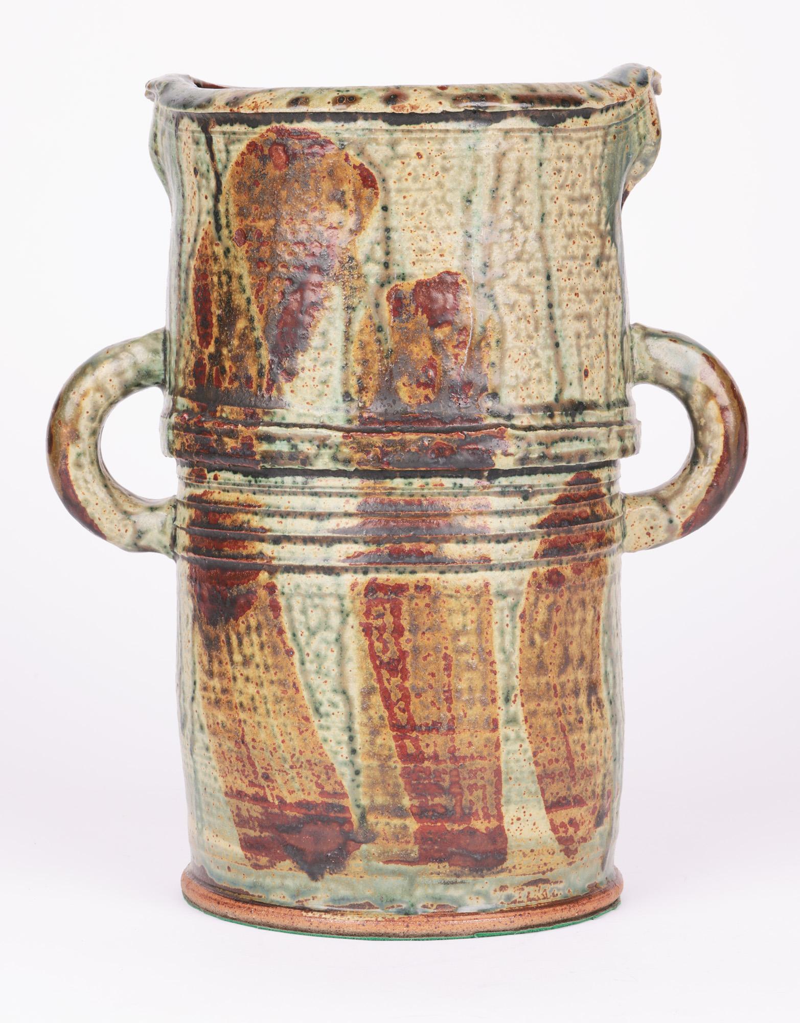 Substantial Twin Handled Streak Glazed Studio Pottery Vase In Good Condition In Bishop's Stortford, Hertfordshire