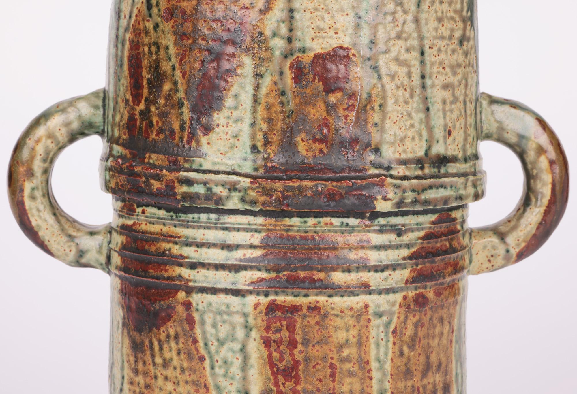 Substantial Twin Handled Streak Glazed Studio Pottery Vase 1