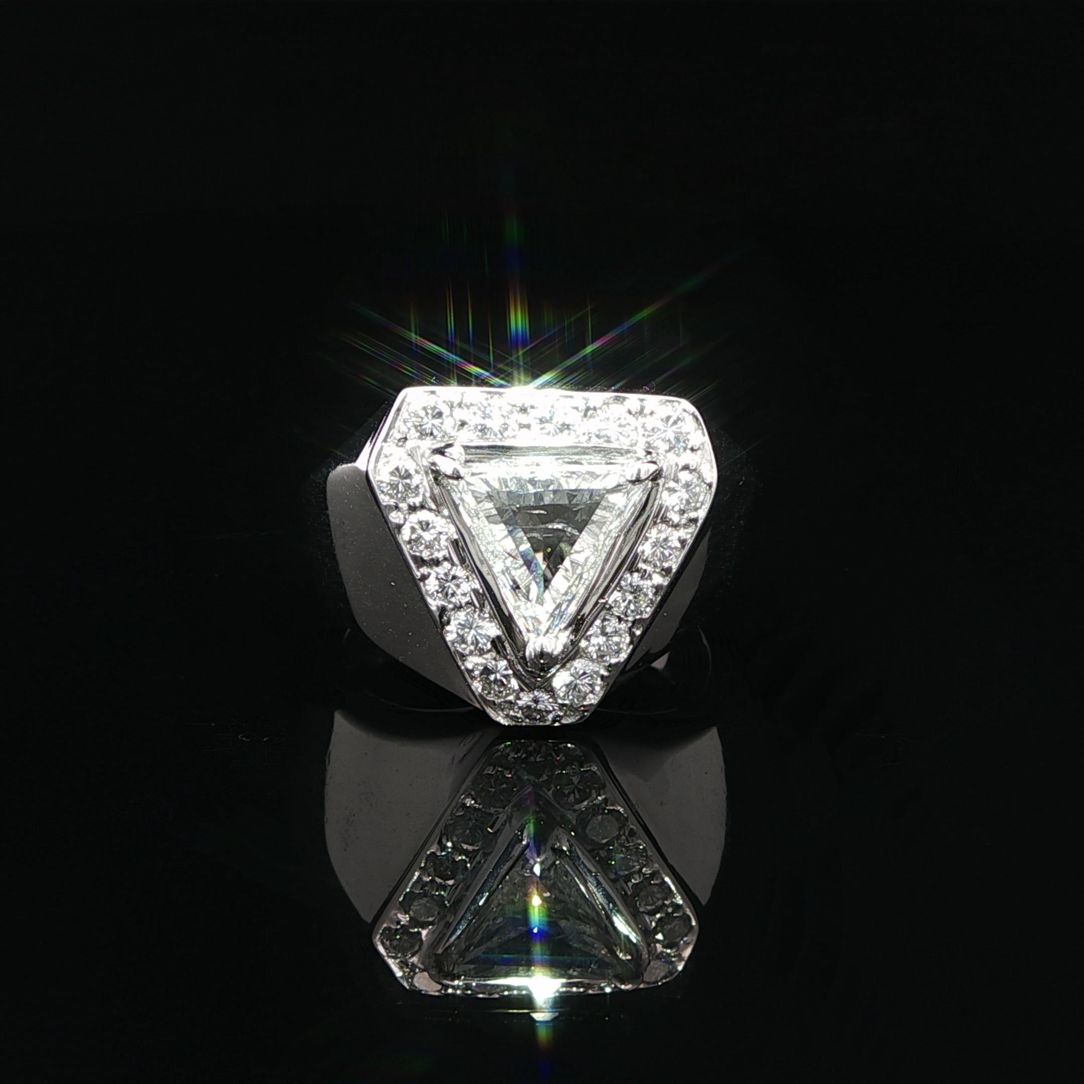 --Stone(s):--
(1) Natural Genuine Diamond - Trillion Cut - Prong Set - J Color - I2 Clarity Technical Grade, Faces Up Clean & Brilliant - 8.4x8.4x8.4mm - 1.0ct (approx.)
(16) Natural Genuine Diamonds - Round Brilliant Cut - Pave Set - G/H Color -