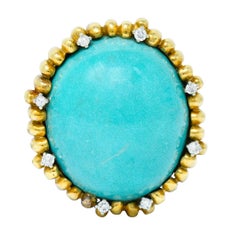 Substantial Vintage 1960s Turquoise Lapis Diamond 18 Karat Gold Statement Ring