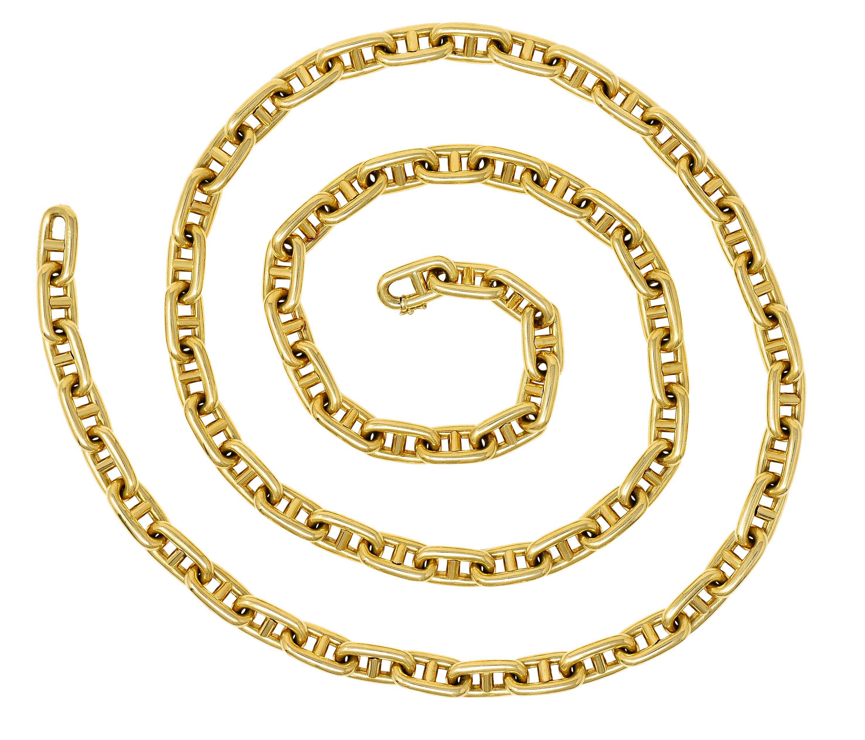 Necklace is comprised of substantial and stylized mariner links

Puffed with a brightly polished finish

Completed by a concealed clasp that opens on a hinge

With a figure eight safety

Italian assay marks for 18 karat gold and Vicenza,